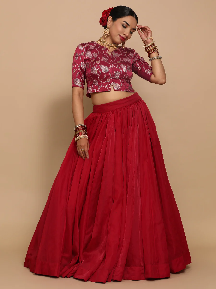 Riyana x Tyohaar | Elbow Sleeves Satin Viscose Saree Blouse in Red Meenakari Fabric - Image 12