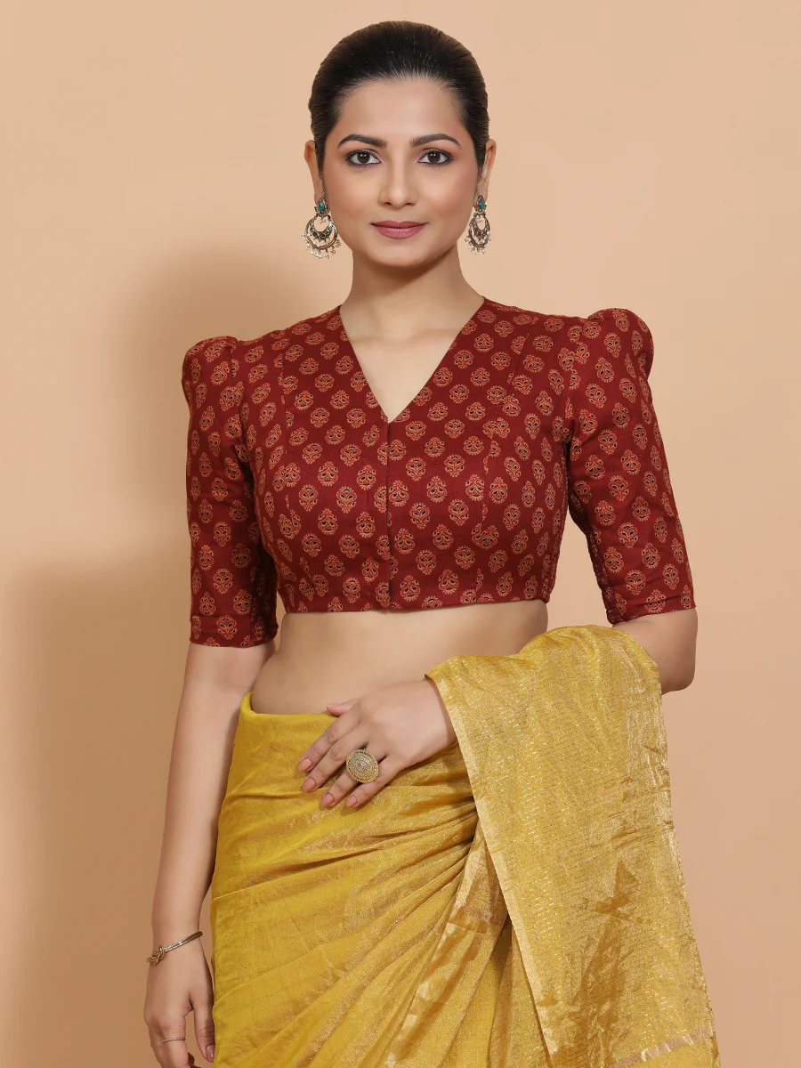 Chaitra x Rozaana | Elbow Sleeves Cotton Saree Blouse in Red Peacock Block Print Fabric - Image 5
