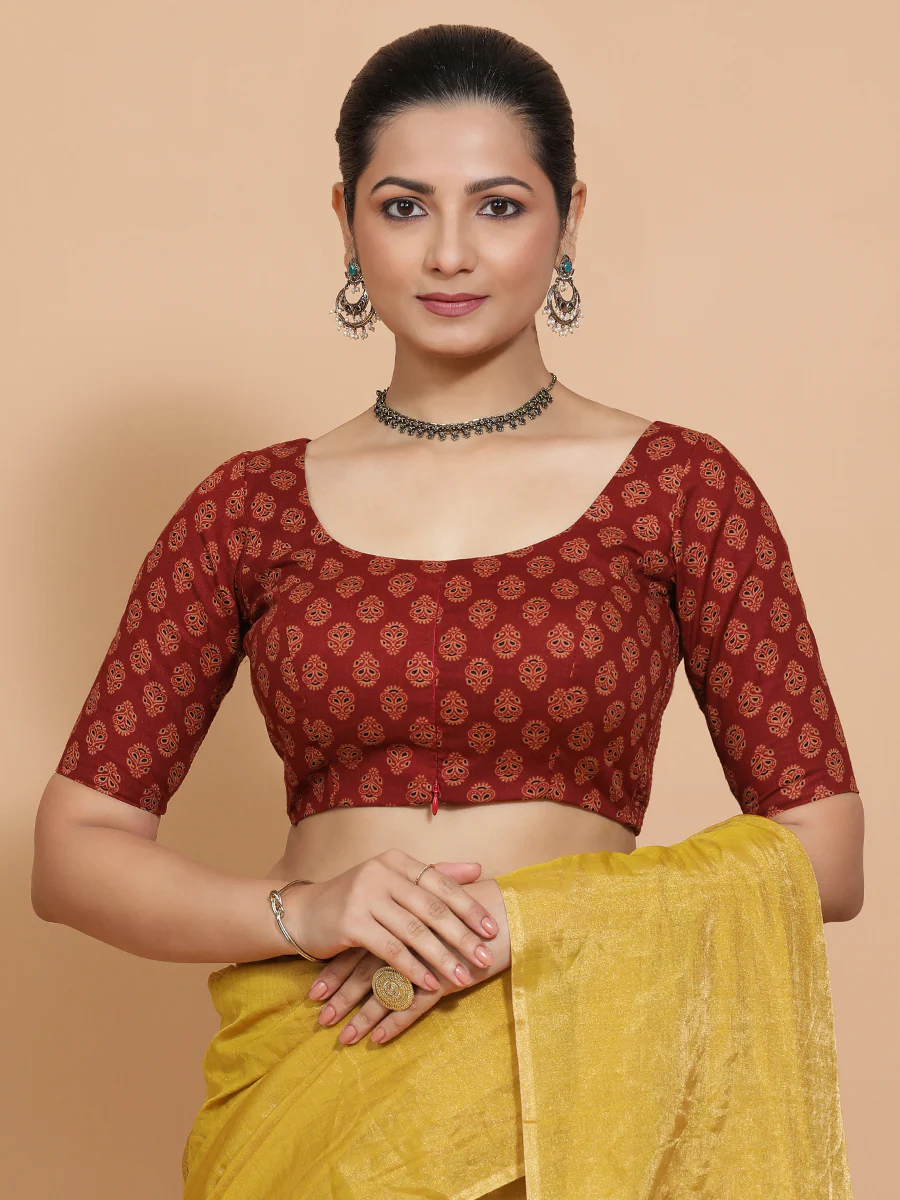 Deepali x Rozaana | Elbow Sleeves Cotton Saree Blouse in Red Peacock Block Print Fabric - Image 6