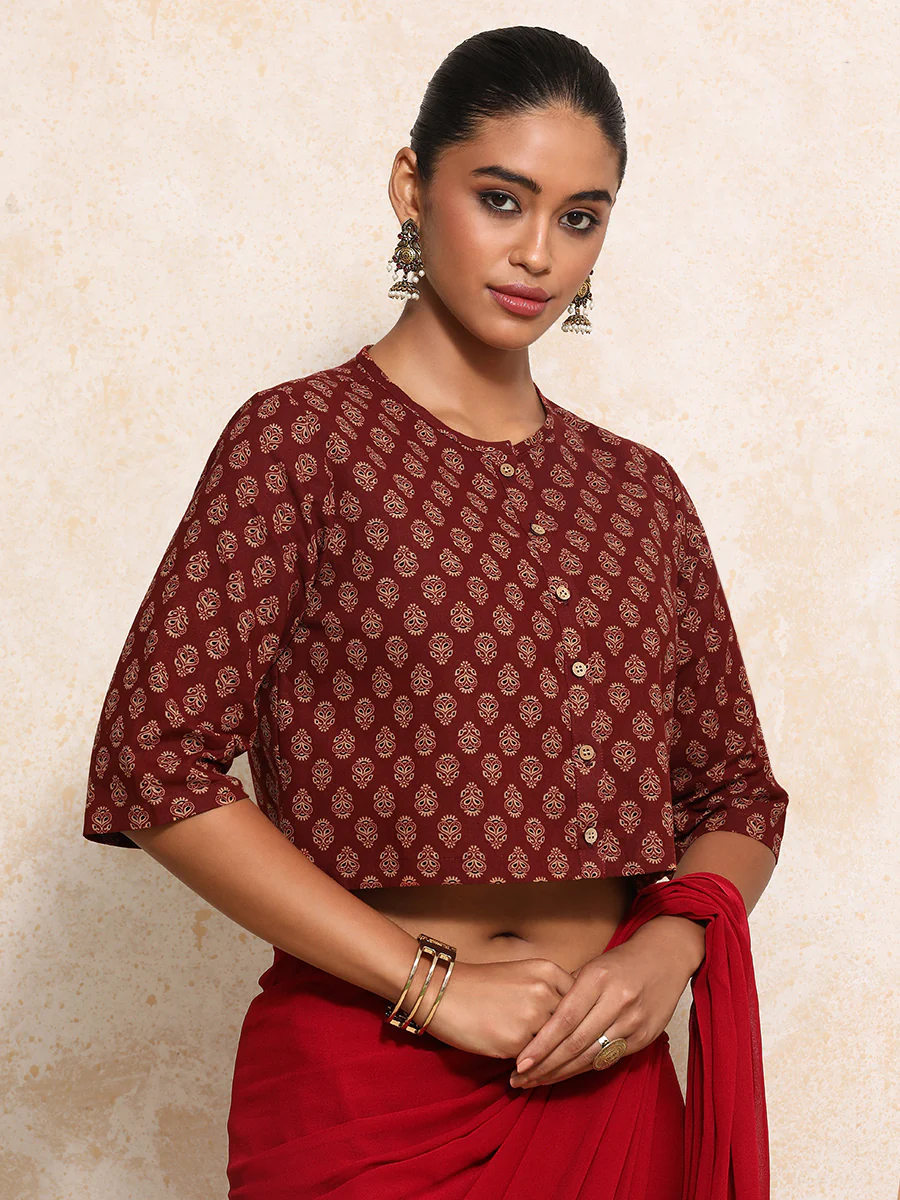 Aarohi x Rozaana | Elbow Sleeves Saree Blouse in Red Peacock Block Print Cotton - Image 11
