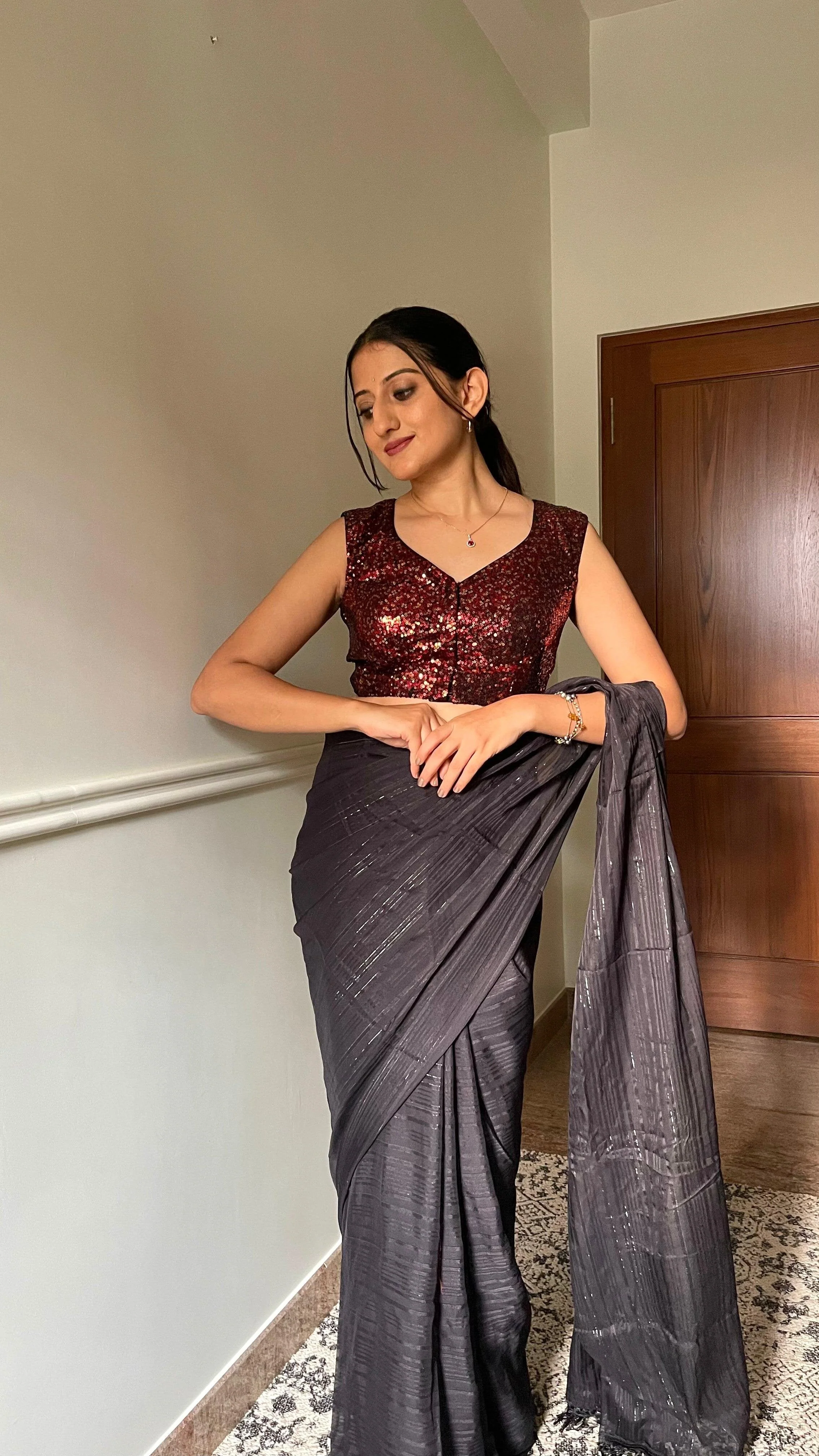 Aadhya x Tyohaar | Sleeveless Black & Red Sequined Saree Blouse with Curved V-Neck - Image 8