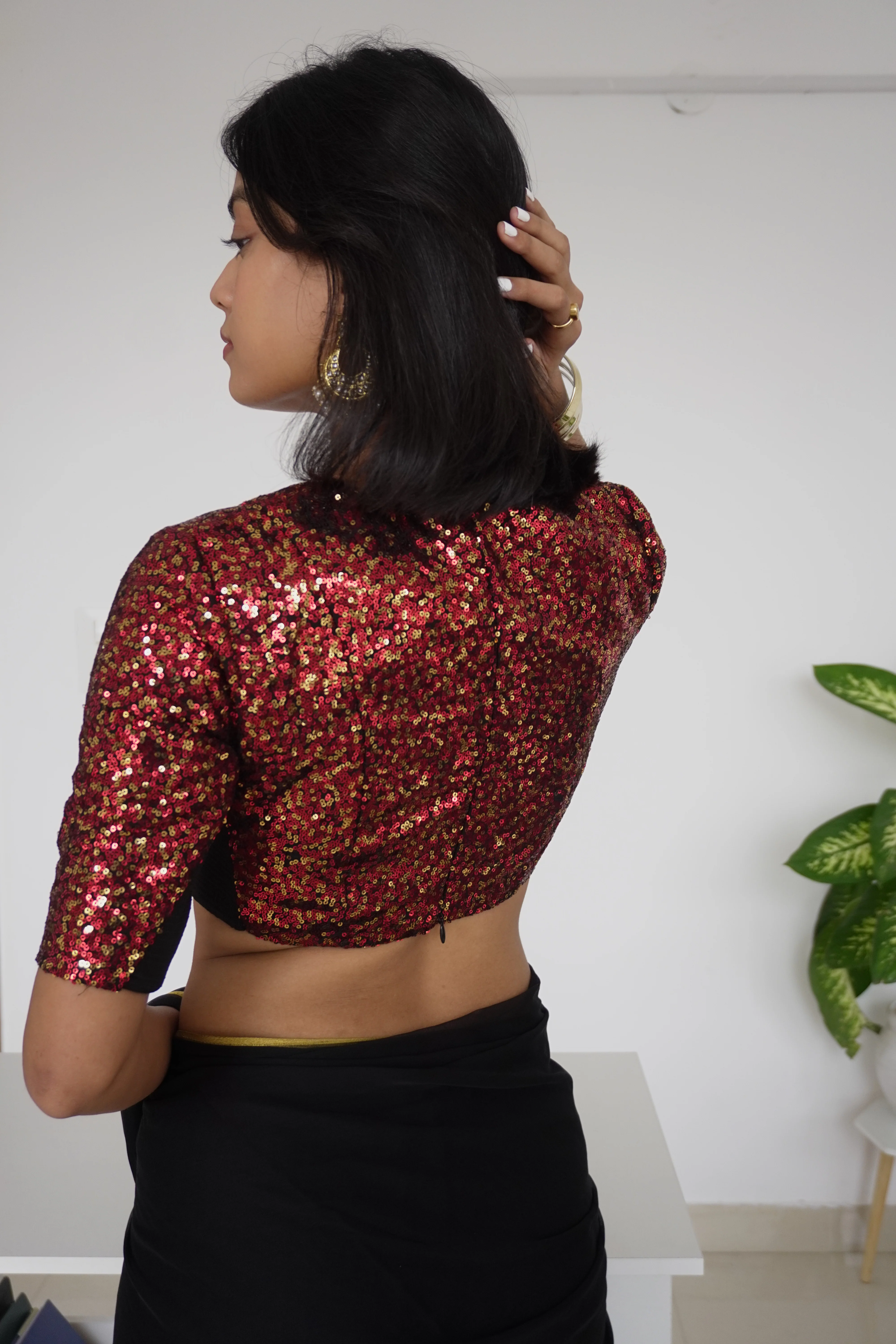 Arzoo x Tyohaar | Elbow Sleeves Black & Red Sequined Saree Blouse with V-Neck - Image 4