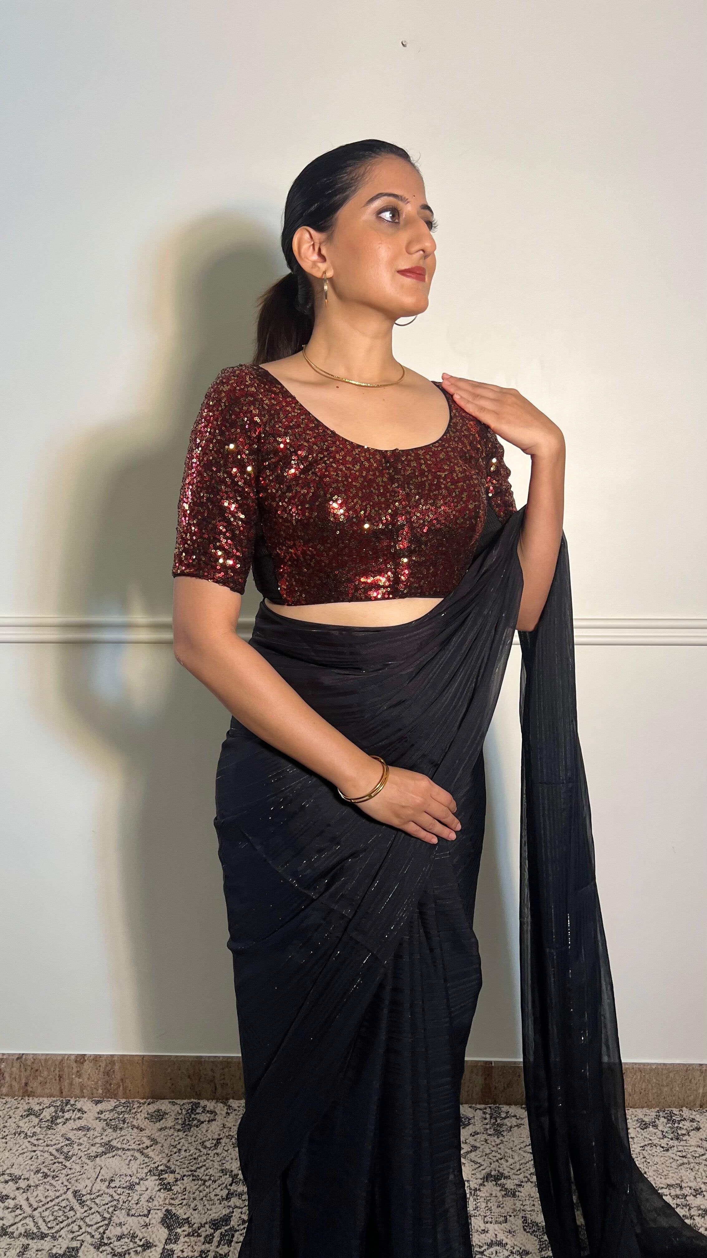 Geet x Tyohaar | Elbow Sleeves Black & Red Sequined Shimmer Saree Blouse with Round Neck - Image 6