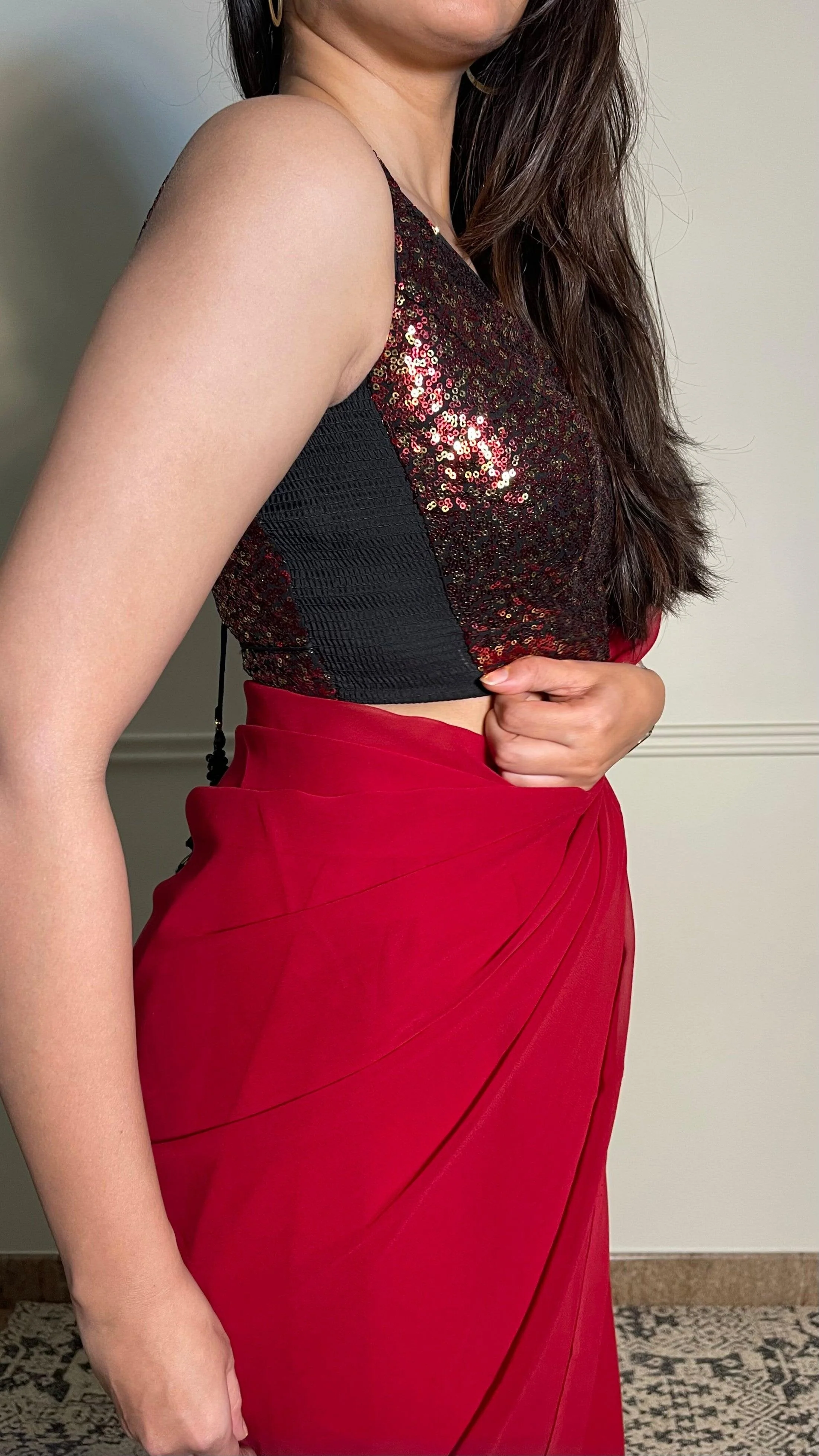 Jhanvi x Tyohaar | Sleeveless Black & Red Sequined Saree Blouse with Sweetheart Neck - Image 19