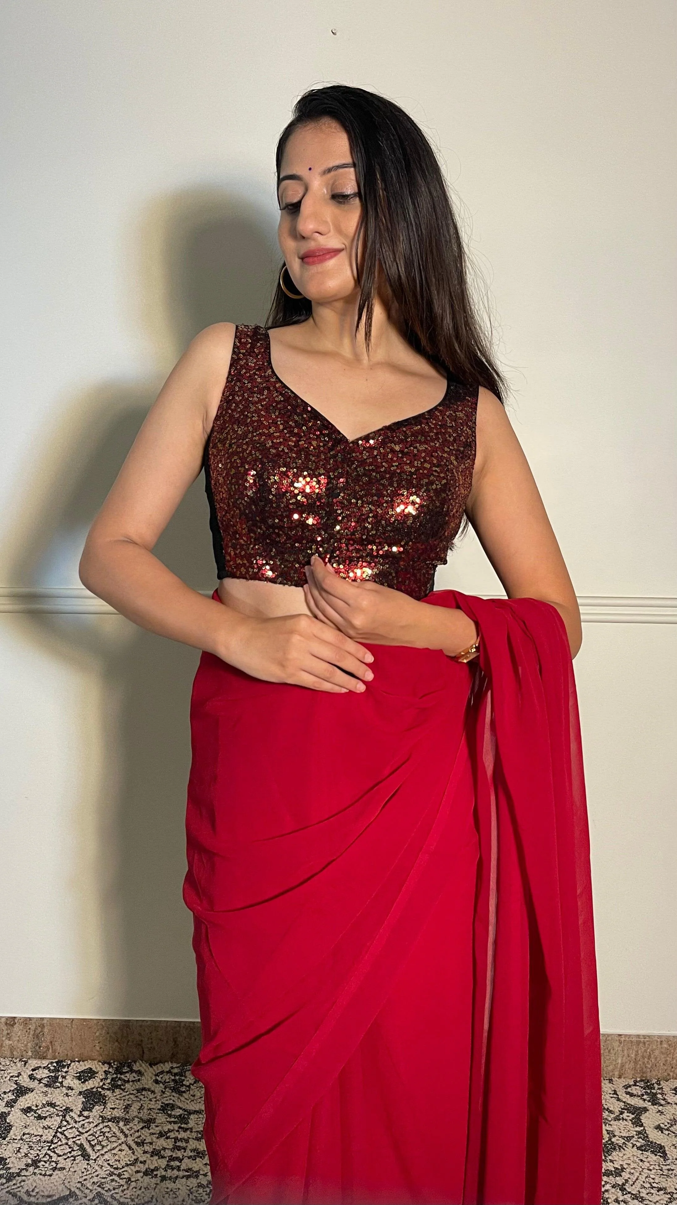 Jhanvi x Tyohaar | Sleeveless Black & Red Sequined Saree Blouse with Sweetheart Neck - Image 8