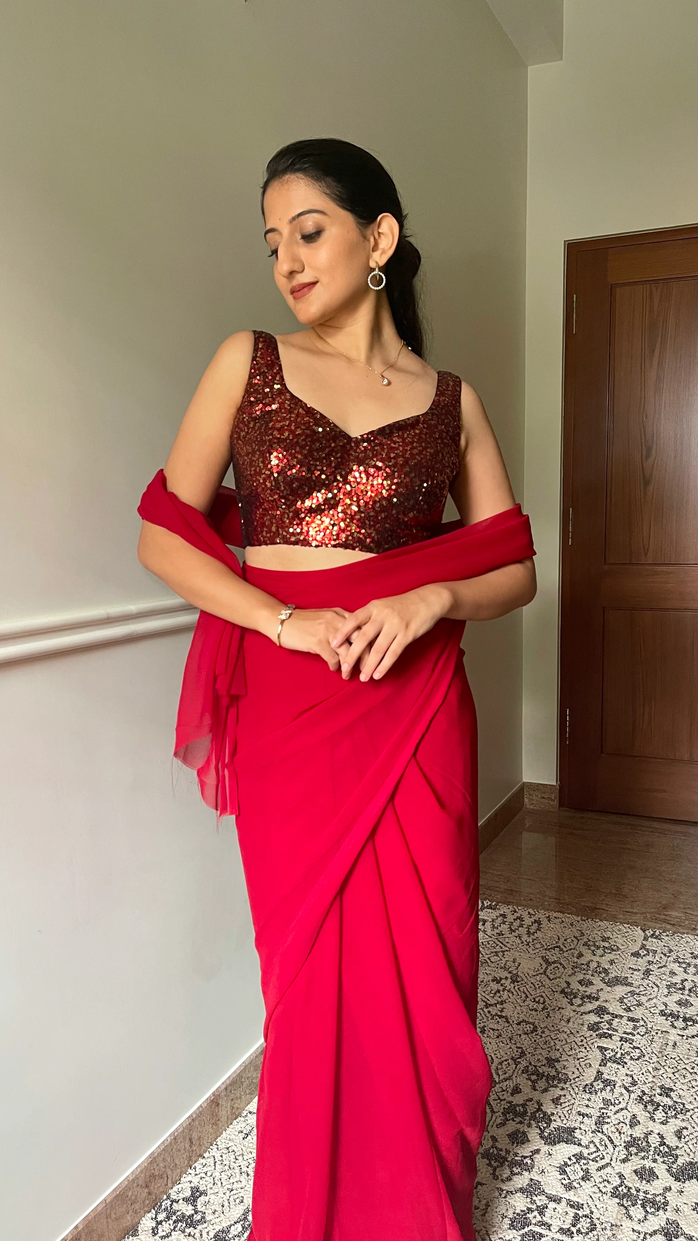 Kanika x Tyohaar | Sleeveless Black & Red Sequined Saree Blouse with Sweetheart Neck - Image 5