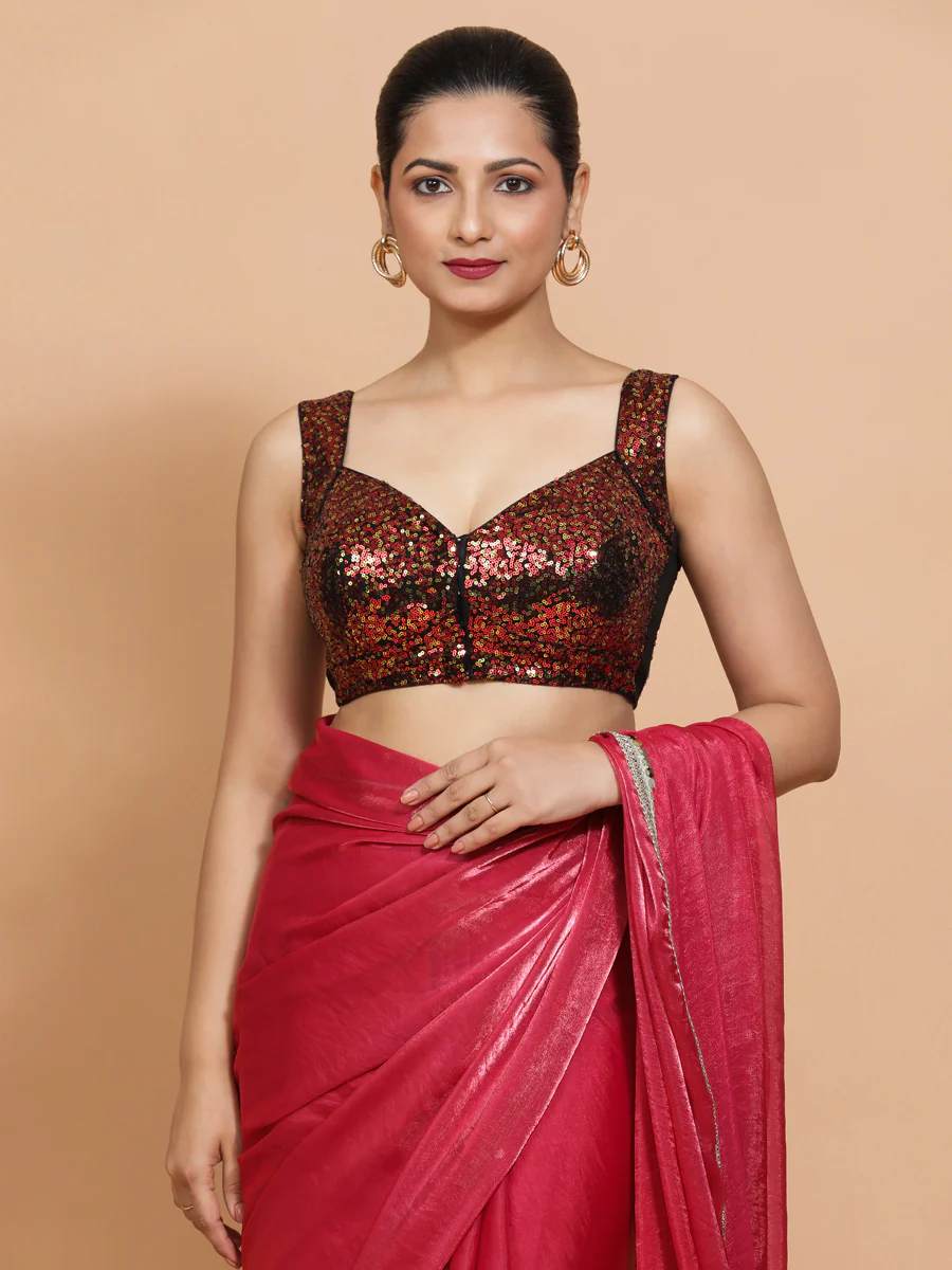 Kashish x Tyohaar | Sleeveless Black & Red Sequined Saree Blouse with Sweetheart Neck - Image 8