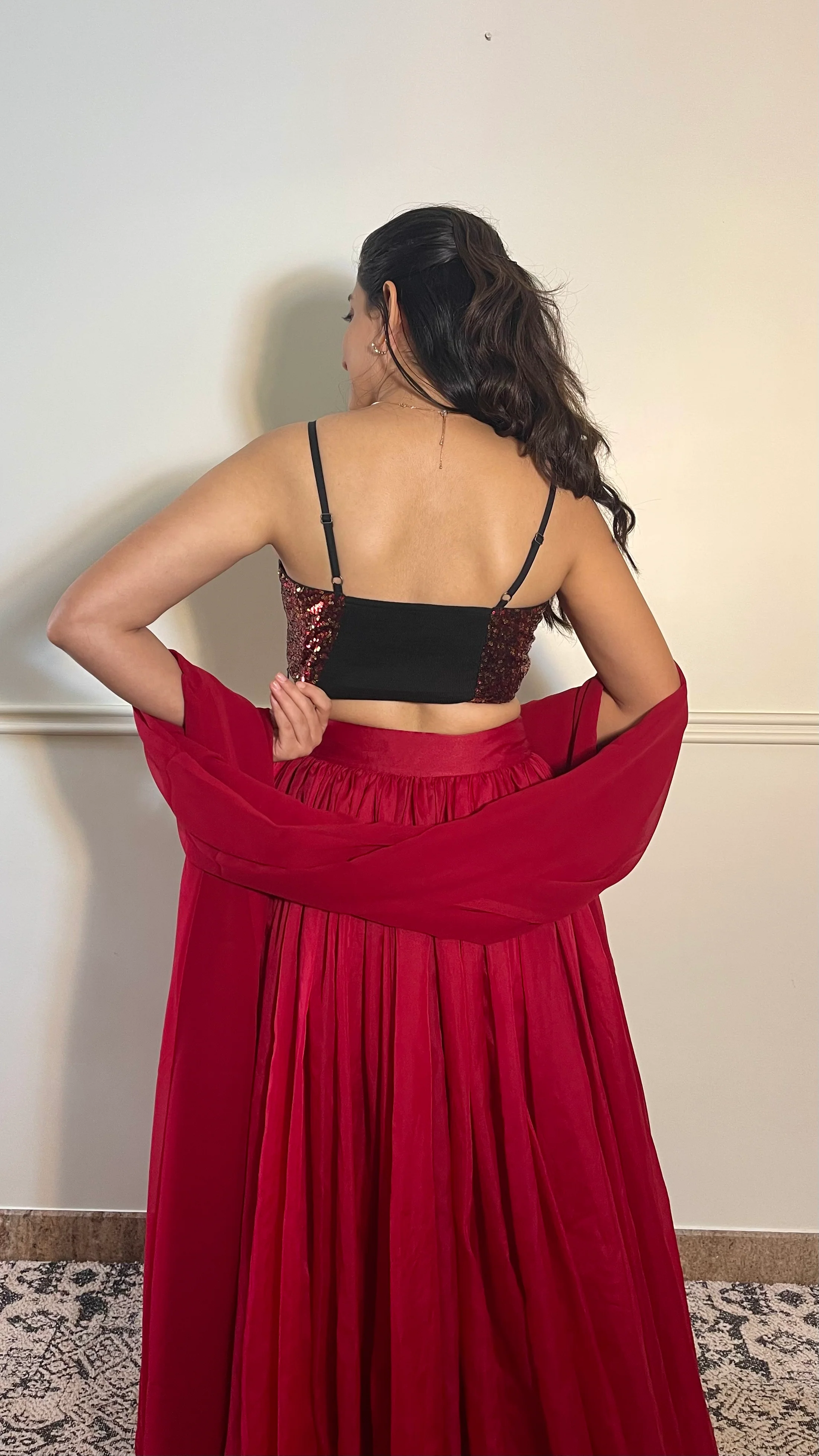 Kesha x Tyohaar | Sleeveless Strappy Black & Red Sequined Shimmer Saree Blouse - Image 6