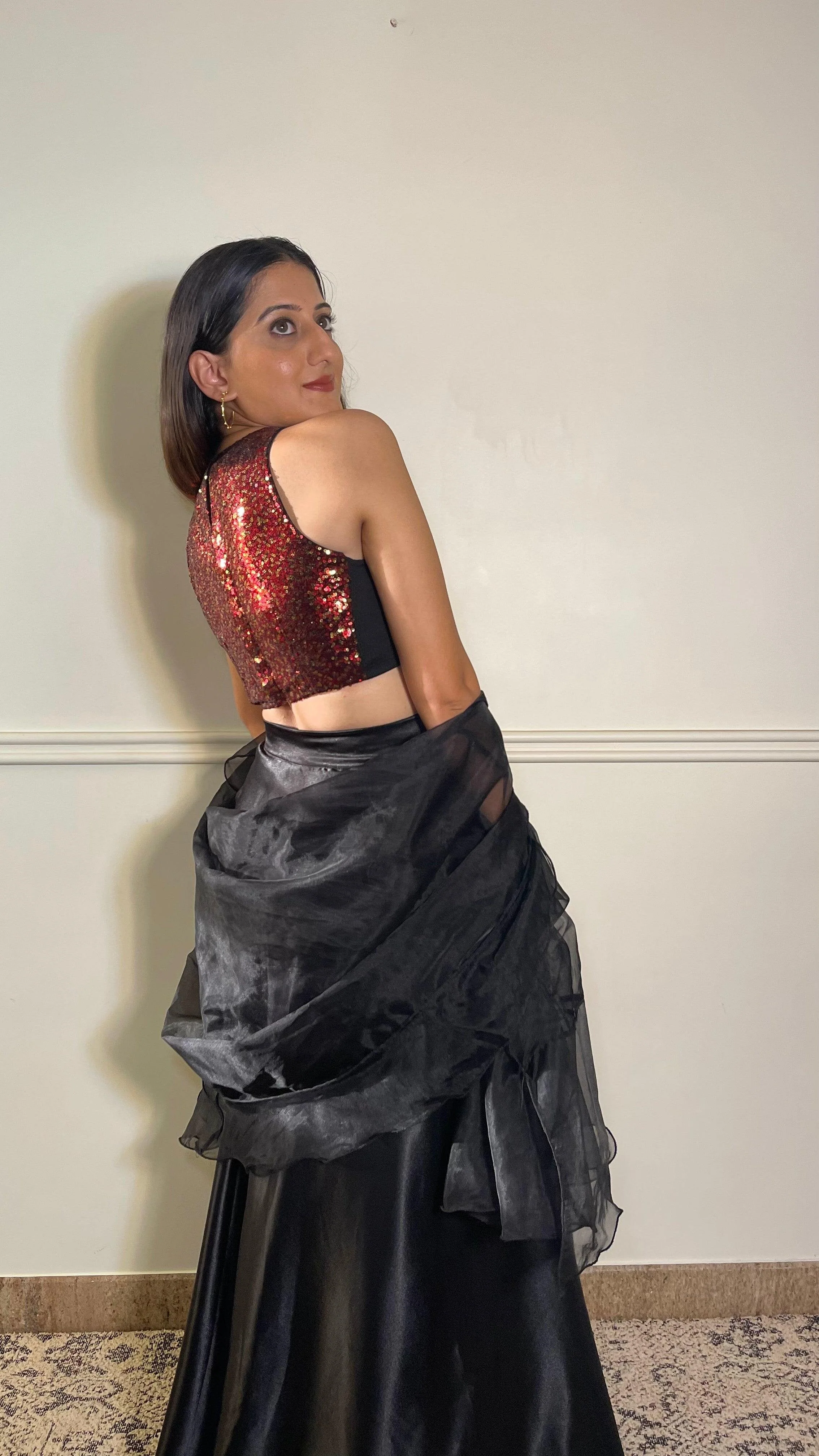 Kiki x Tyohaar | Sleeveless Black & Red Sequined Saree Blouse with Jewel Neck - Image 9