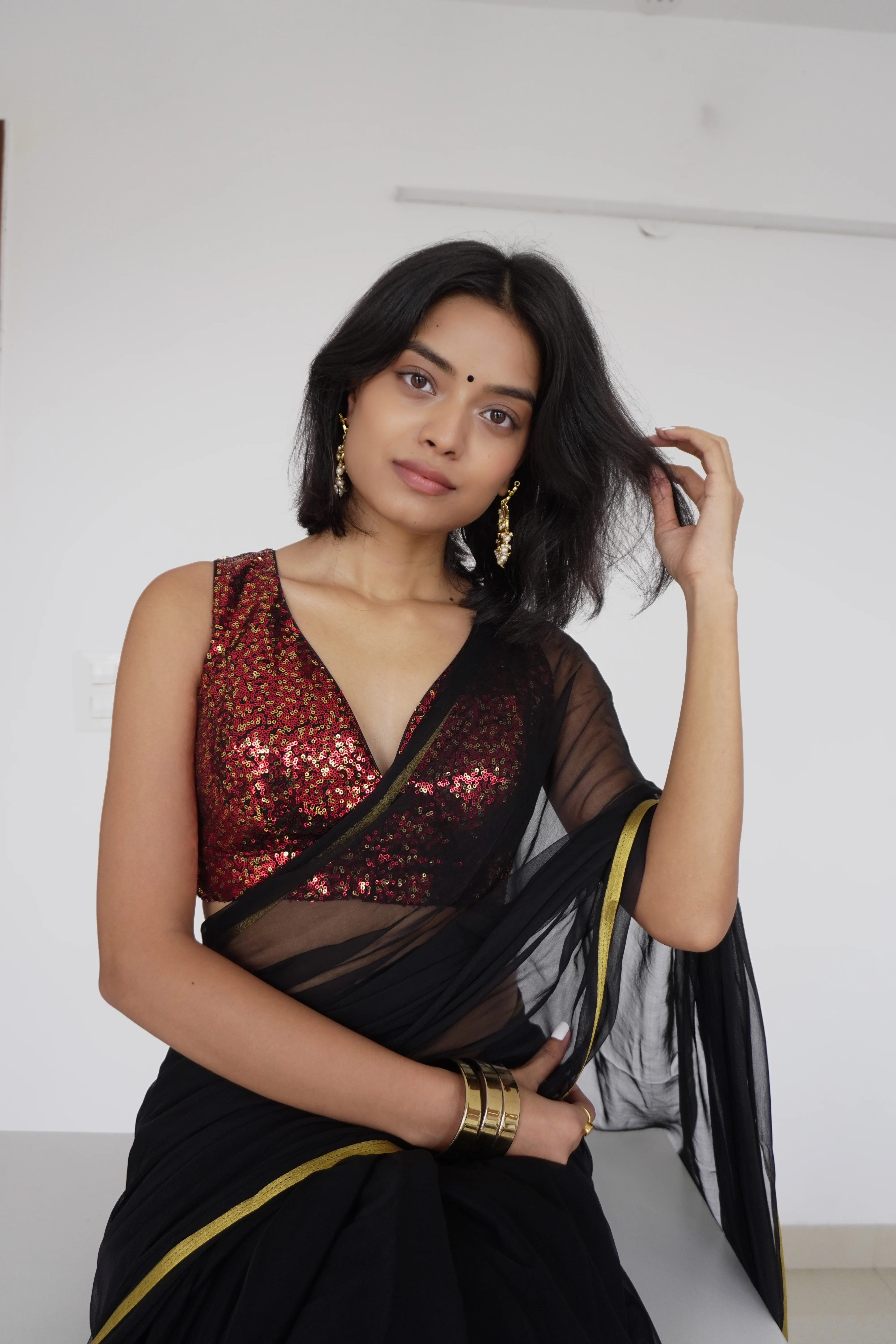 Lavanya x Tyohaar | Sleeveless Black & Red Sequined Saree Blouse with Curved V-Neck - Image 4