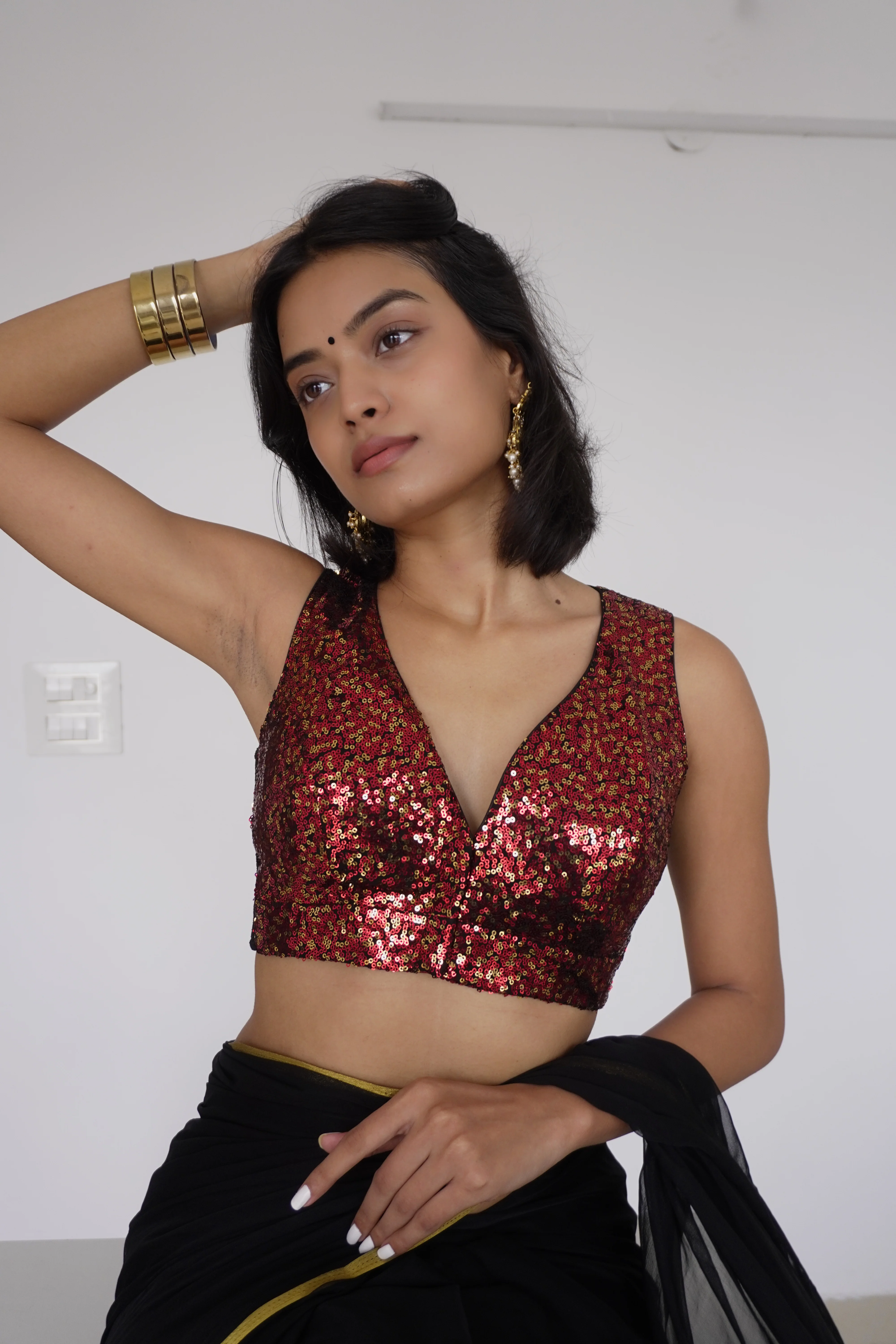 Lavanya x Tyohaar | Sleeveless Black & Red Sequined Saree Blouse with Curved V-Neck - Image 7