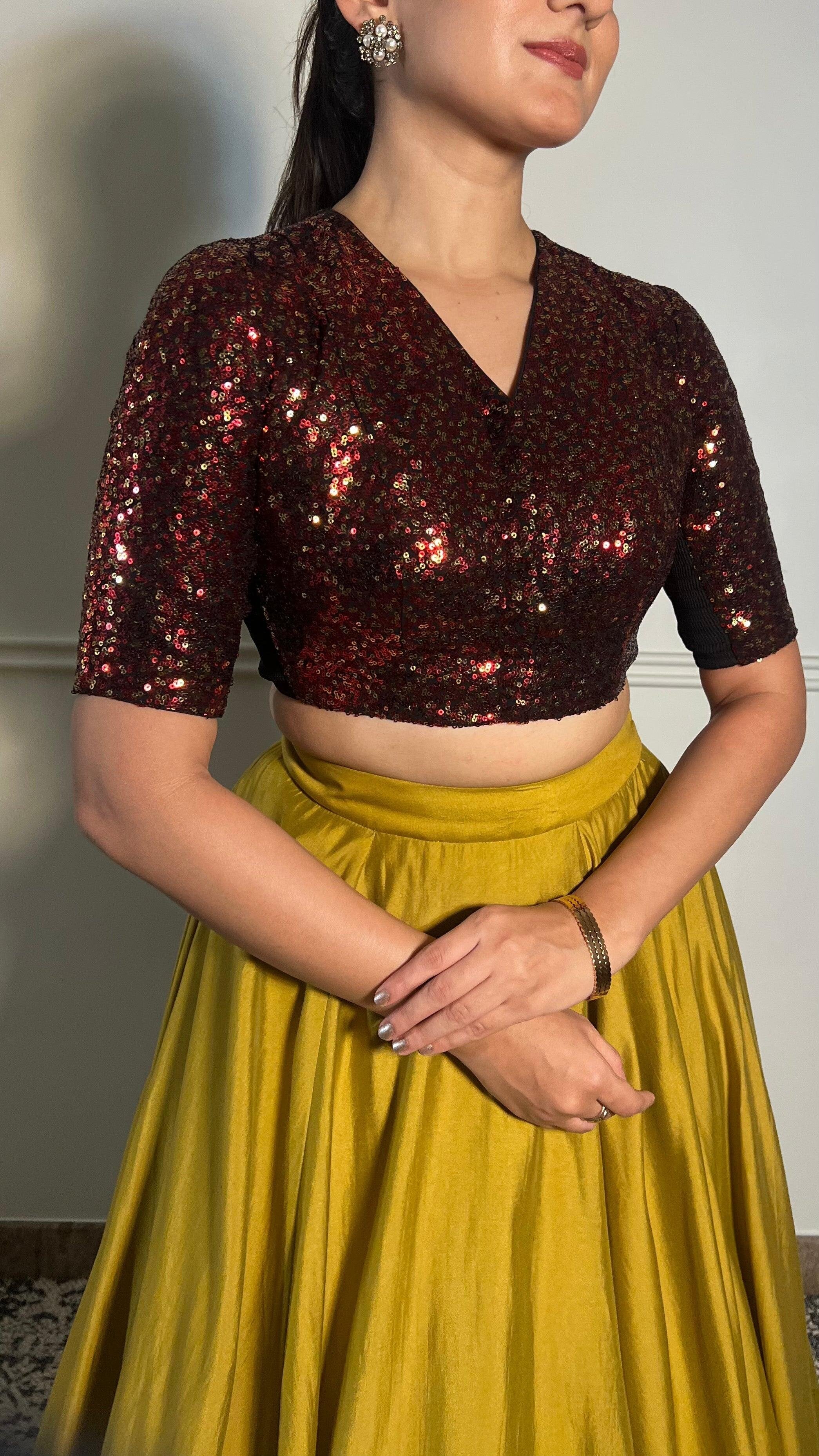 Tarana x Tyohaar | Elbow Sleeves Black & Red Sequined Shimmer Saree Blouse with V-Neck