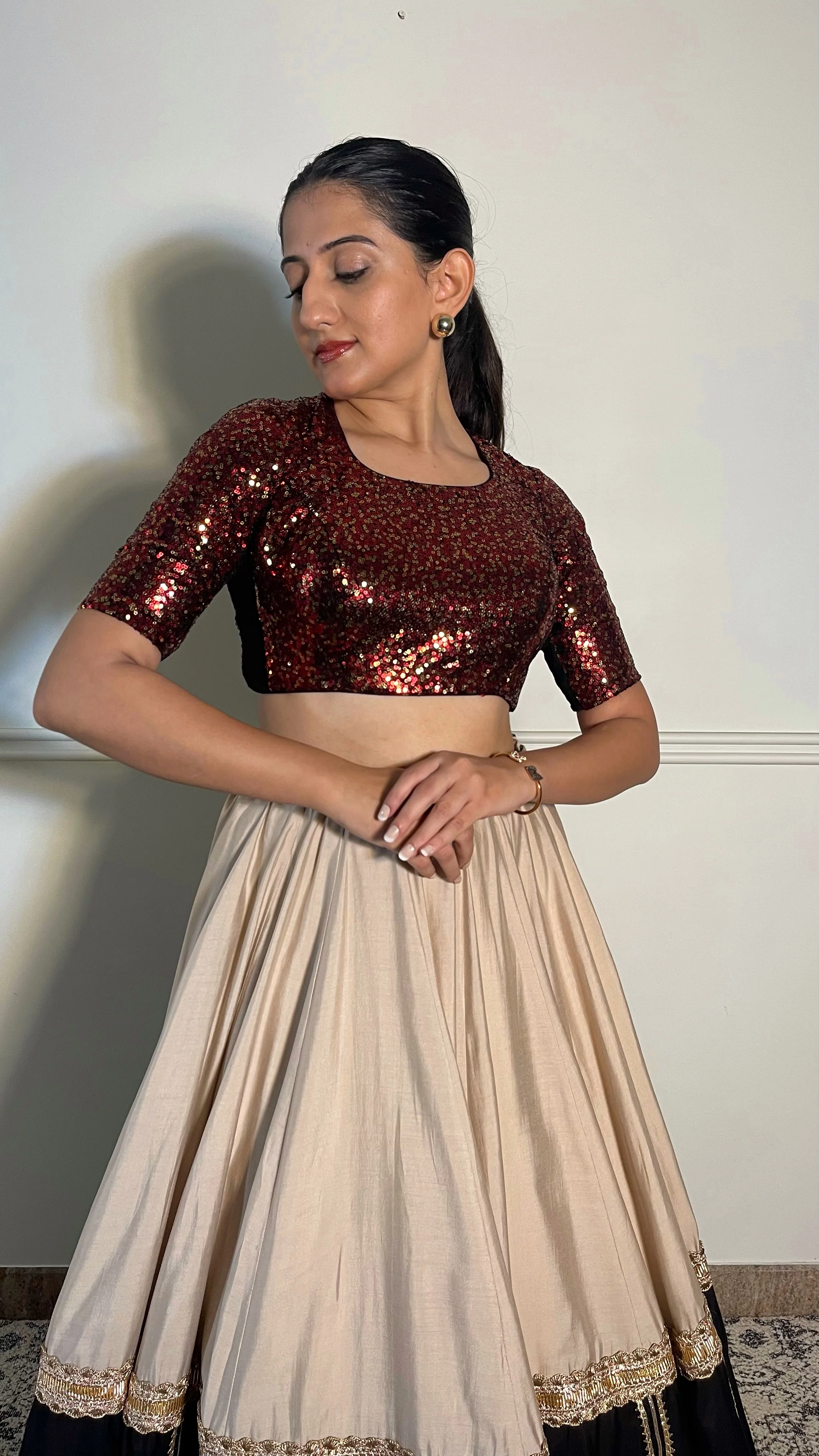 Yara x Tyohaar | Elbow Sleeves Black & Red Sequined Saree Blouse with Pot Neck - Image 5