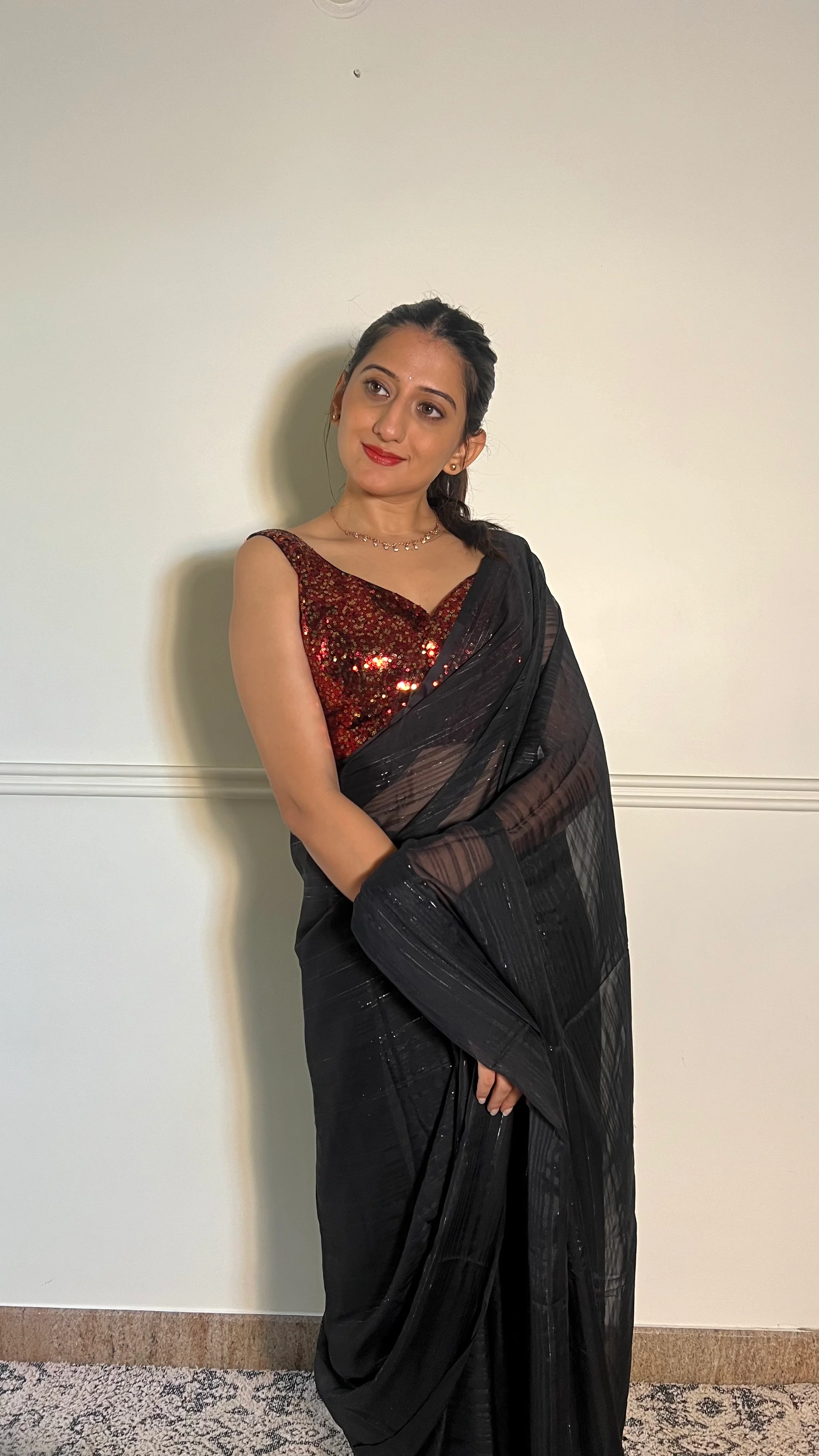 Zia x Tyohaar | Sleeveless Black & Red Sequined Shimmer Saree Blouse with Sweetheart Neck - Image 7