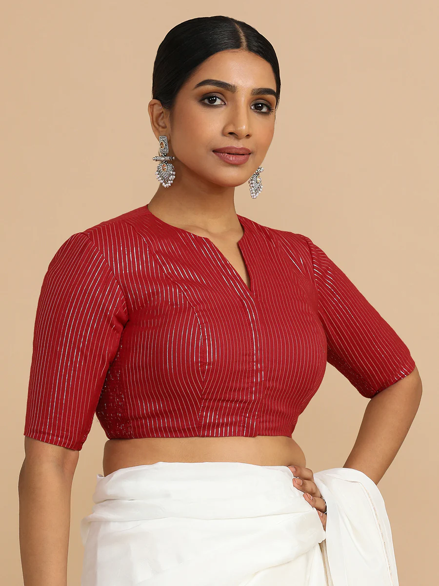 Kaveri x Rozaana | Elbow Sleeves Saree Blouse in Red Silver Stripe Cotton - Image 7