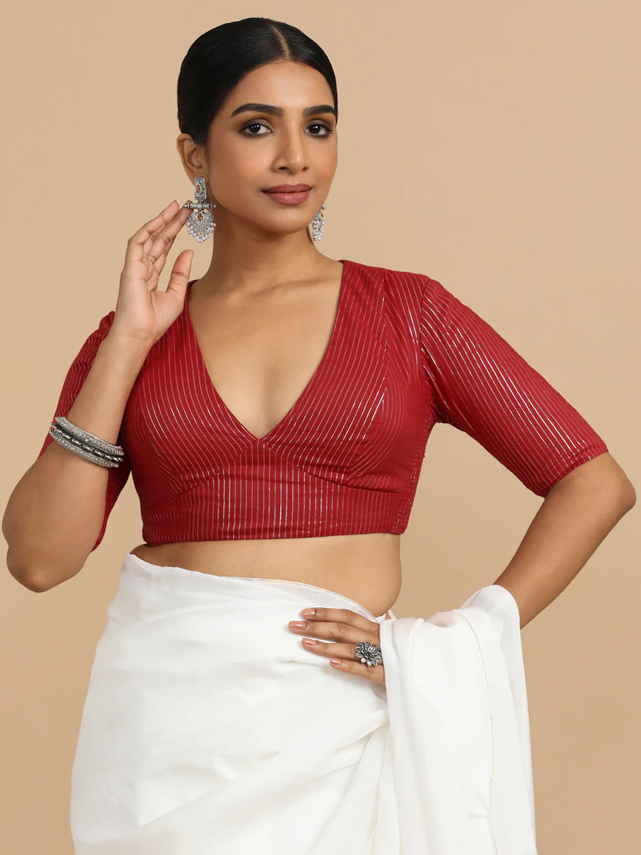 Natasha x Rozaana | Elbow Sleeves Saree Blouse in Red Silver Stripe Cotton - Image 12