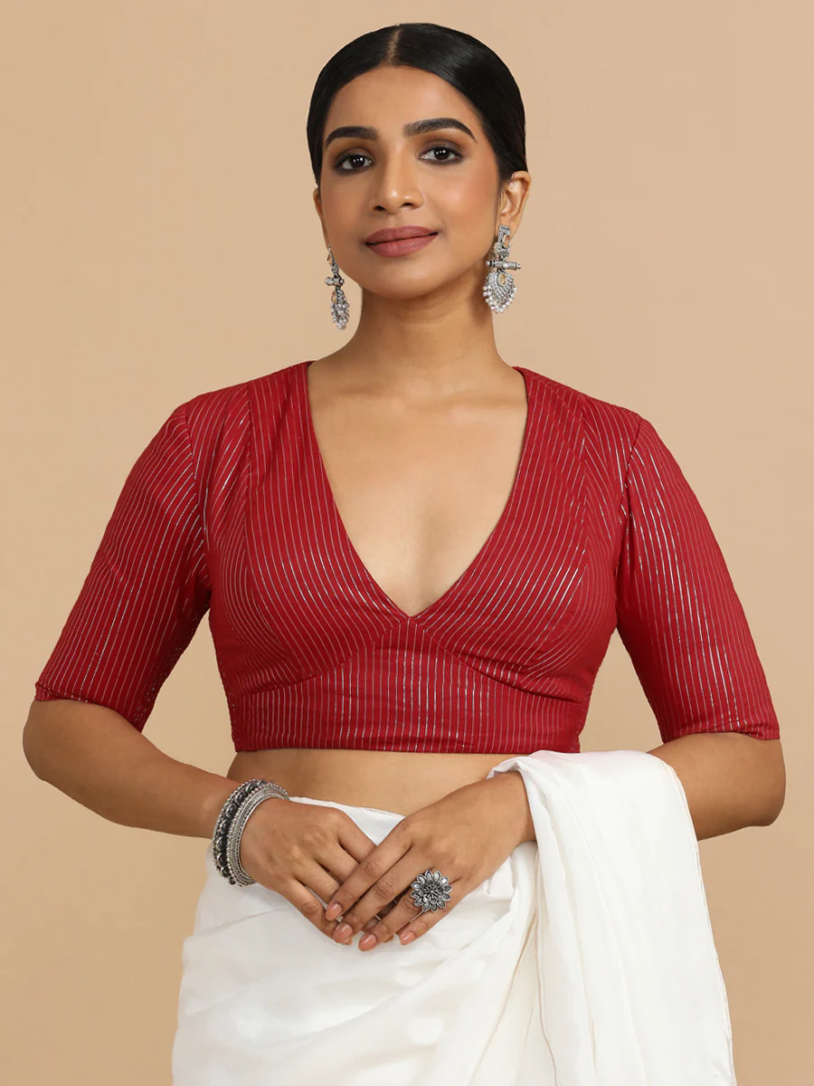 Natasha x Rozaana | Elbow Sleeves Saree Blouse in Red Silver Stripe Cotton - Image 6