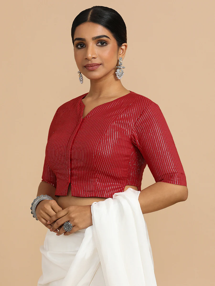 Rashi x Rozaana | Elbow Sleeves Saree Blouse in Red Silver Stripe Cotton - Image 5