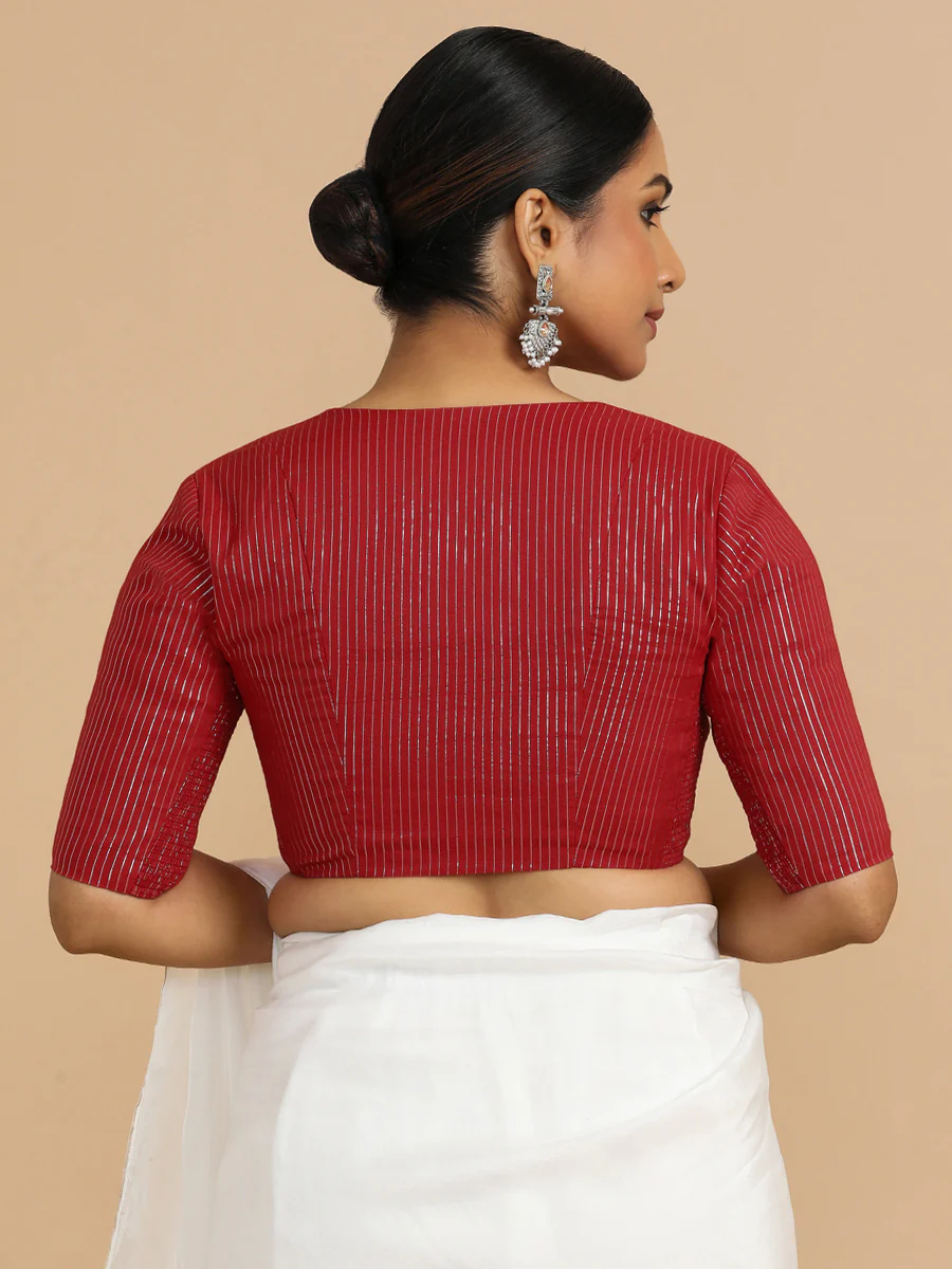 Utsa x Rozaana | Elbow Sleeves Saree Blouse in Red Silver Stripe Cotton - Image 2