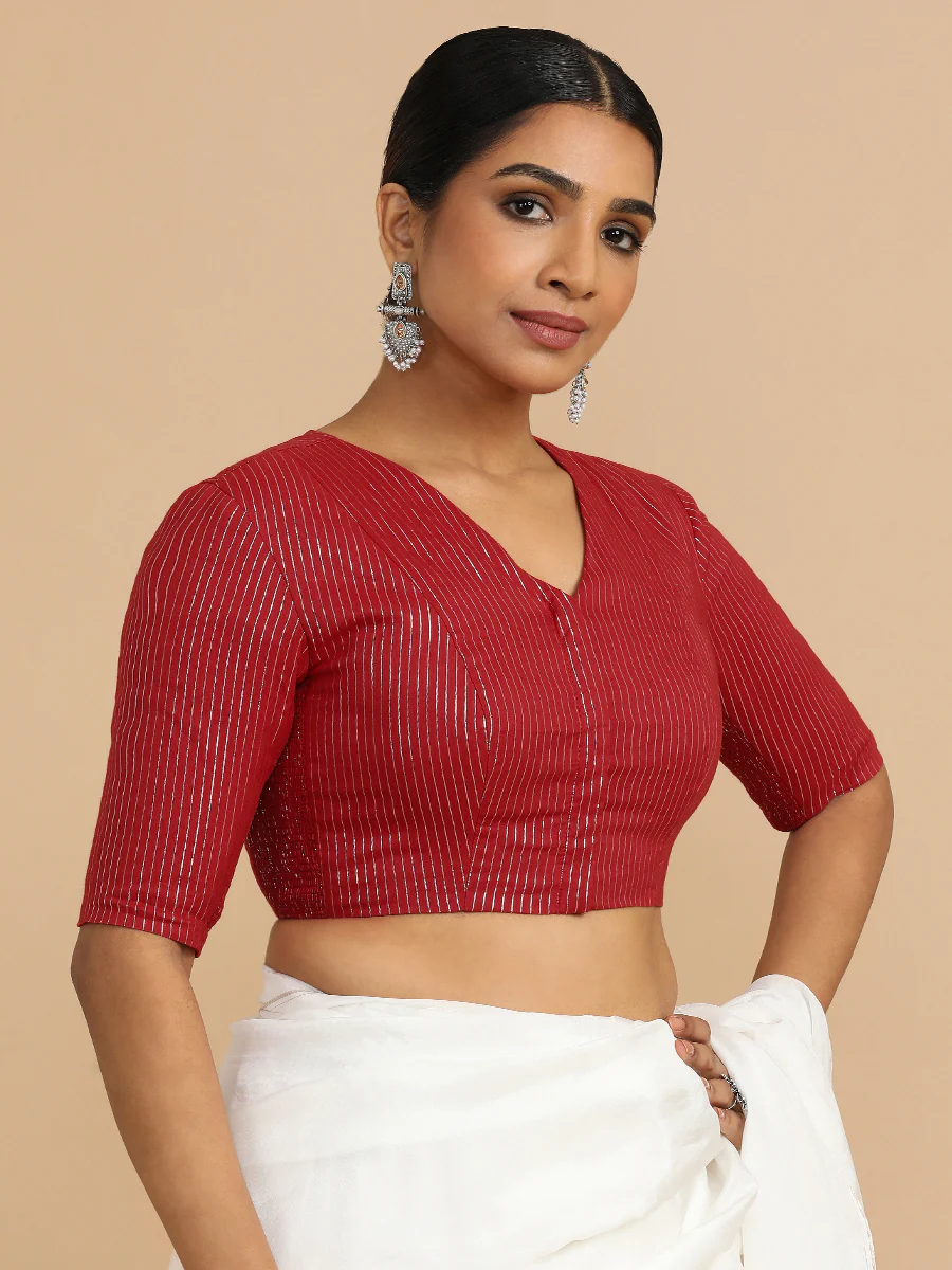 Utsa x Rozaana | Elbow Sleeves Saree Blouse in Red Silver Stripe Cotton - Image 9