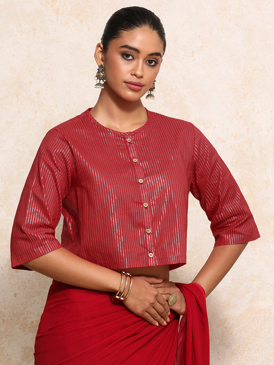 Parvati x Tyohaar | Elbow Sleeves Saree Blouse in Red Silver Stripe Cotton - Image 10