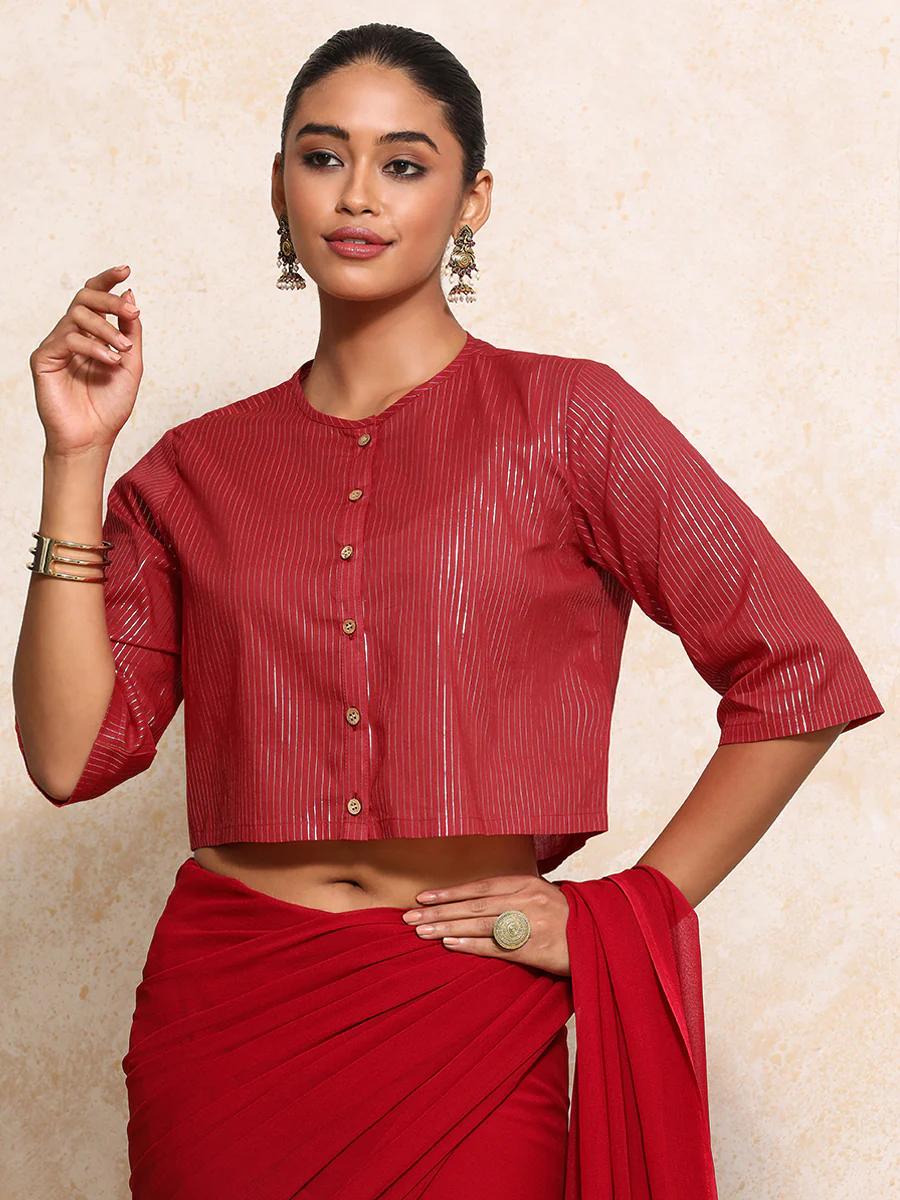 Parvati x Tyohaar | Elbow Sleeves Saree Blouse in Red Silver Stripe Cotton - Image 6