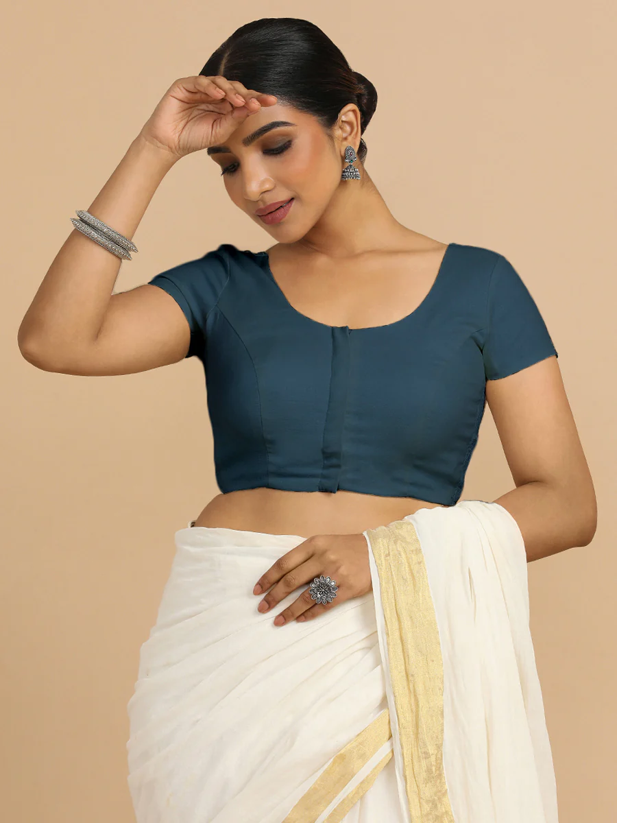 Mona x Rozaana | Short Sleeves Saree Blouse in Regal Blue Linen - Image 7