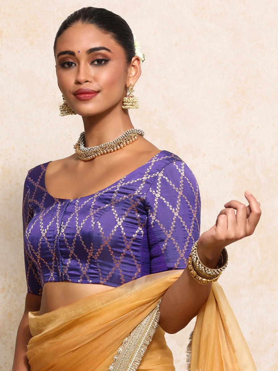 Kumkum x Tyohaar | Elbow Sleeves Saree Blouse in Regal Purple Vine Mesh Brocade - Image 11