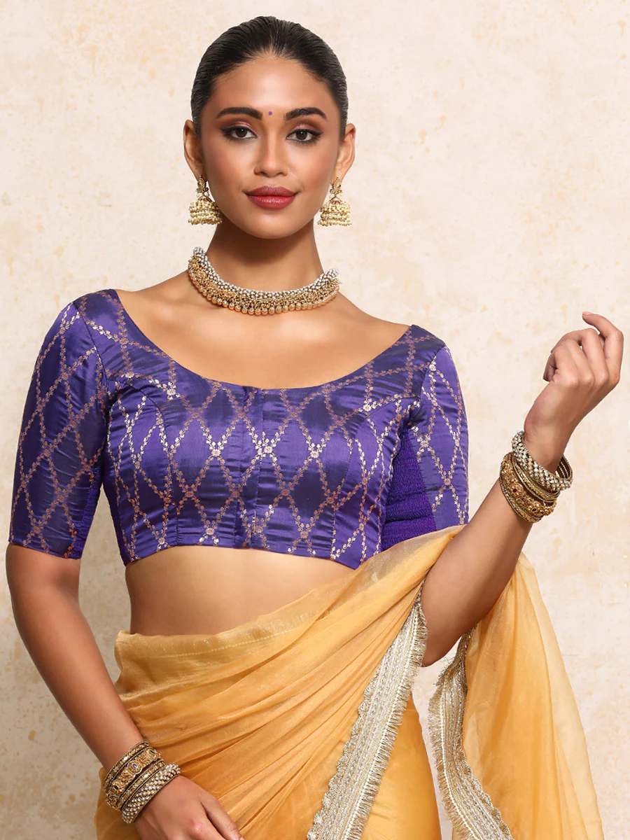 Kumkum x Tyohaar | Elbow Sleeves Saree Blouse in Regal Purple Vine Mesh Brocade - Image 5