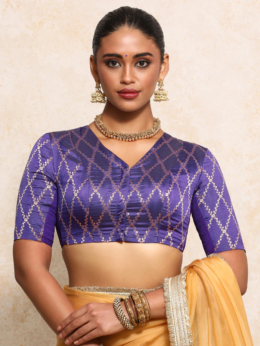 Manisha x Tyohaar | Elbow Sleeves Saree Blouse in Regal Purple Vine Mesh Brocade - Image 11