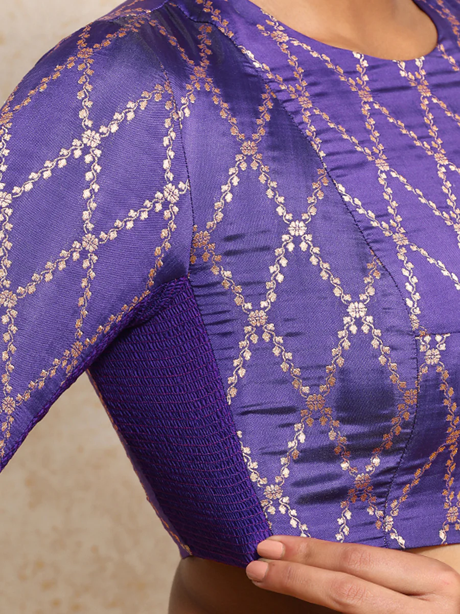 Reena x Tyohaar | Elbow Sleeves Saree Blouse in Regal Purple Vine Mesh Brocade - Image 3