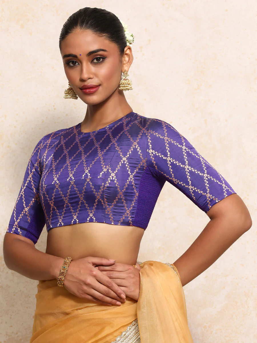 Reena x Tyohaar | Elbow Sleeves Saree Blouse in Regal Purple Vine Mesh Brocade - Image 7