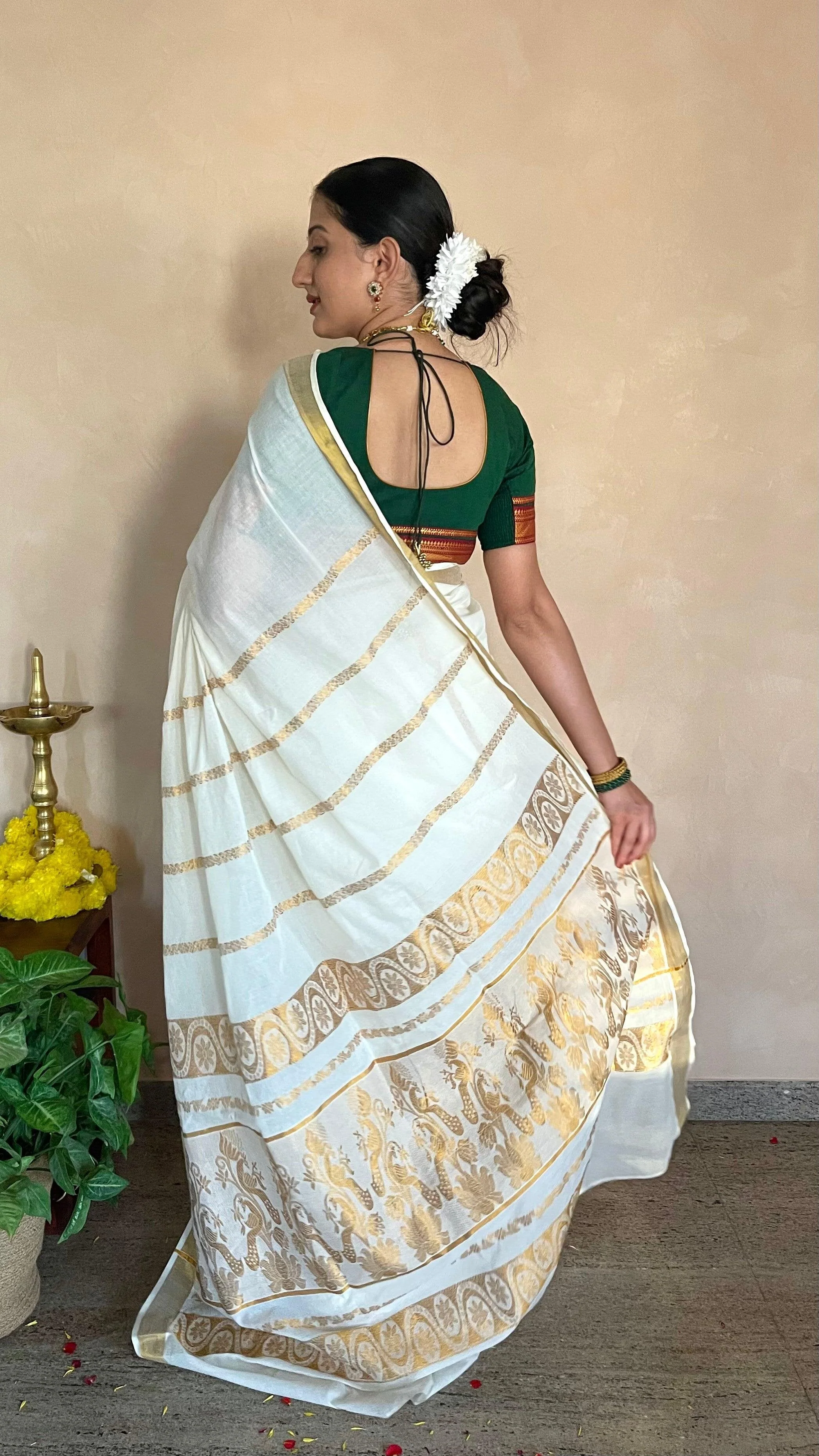 Revathi x Tyohaar | Mangalgiri Bottle Green 100% Cotton Blouse with Zari Border on Elbow Sleeves - Image 7