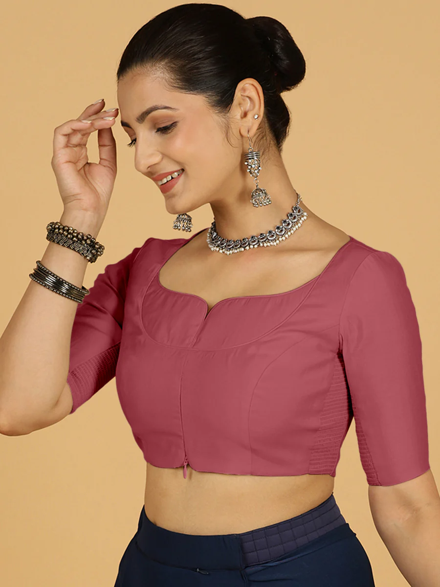 Priya x Rozaana | Elbow Sleeves Saree Blouse in Rose Pink - Image 6