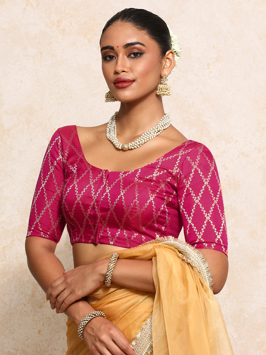 Kumkum x Tyohaar | Elbow Sleeves Saree Blouse in Rosy Pink Vine Mesh Brocade - Image 11