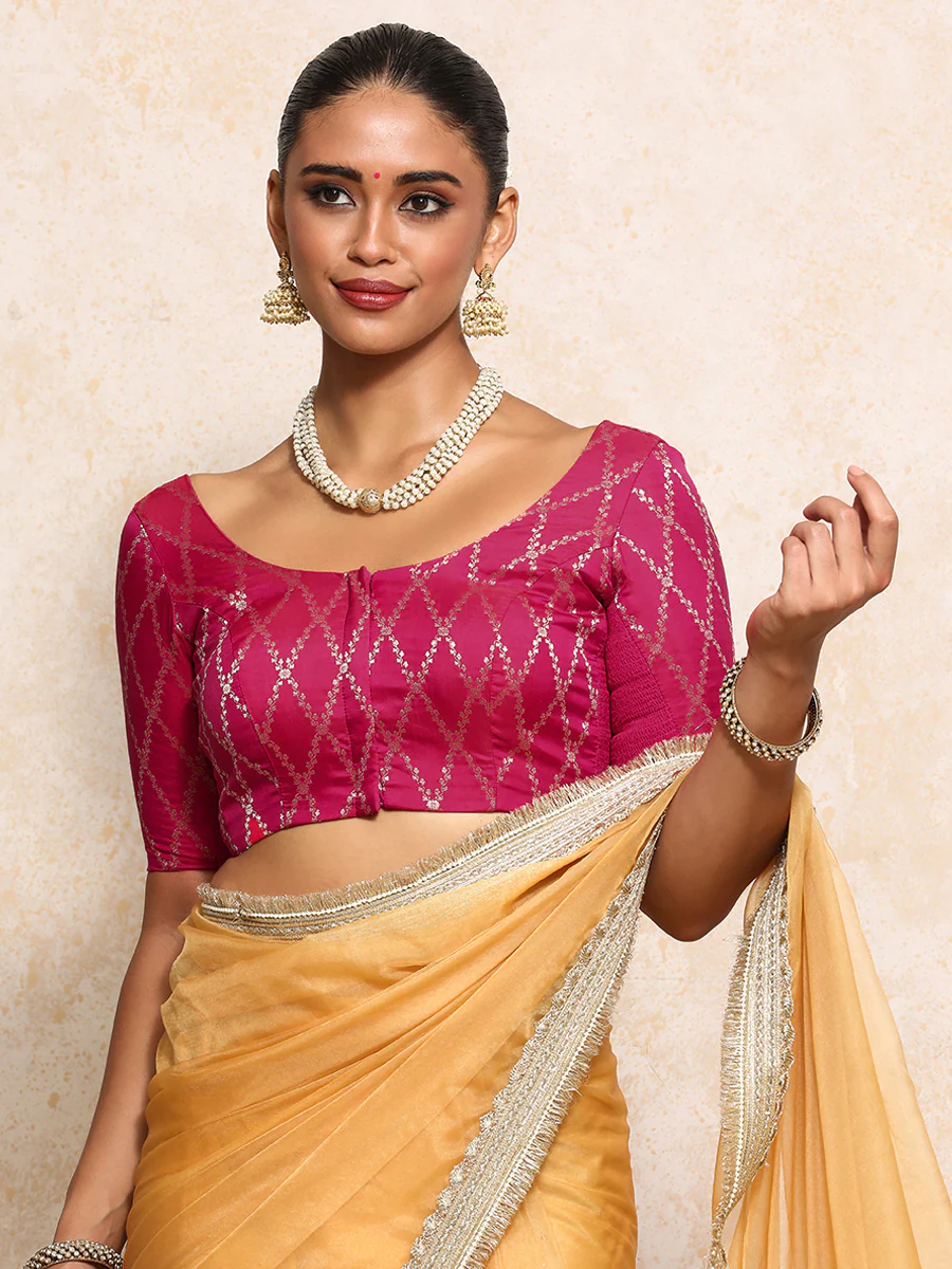 Kumkum x Tyohaar | Elbow Sleeves Saree Blouse in Rosy Pink Vine Mesh Brocade - Image 12