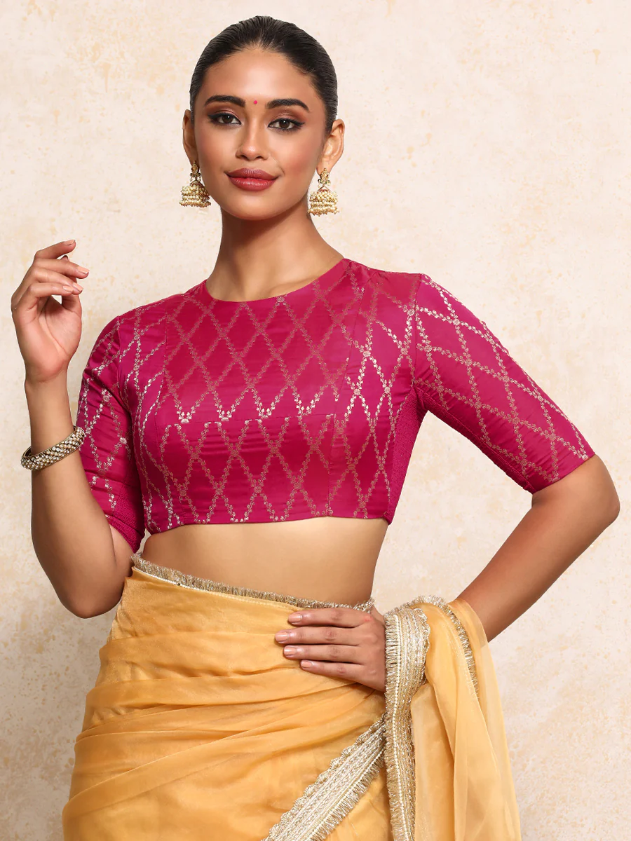 Reena x Tyohaar | Elbow Sleeves Saree Blouse in Rosy Pink Vine Mesh Brocade