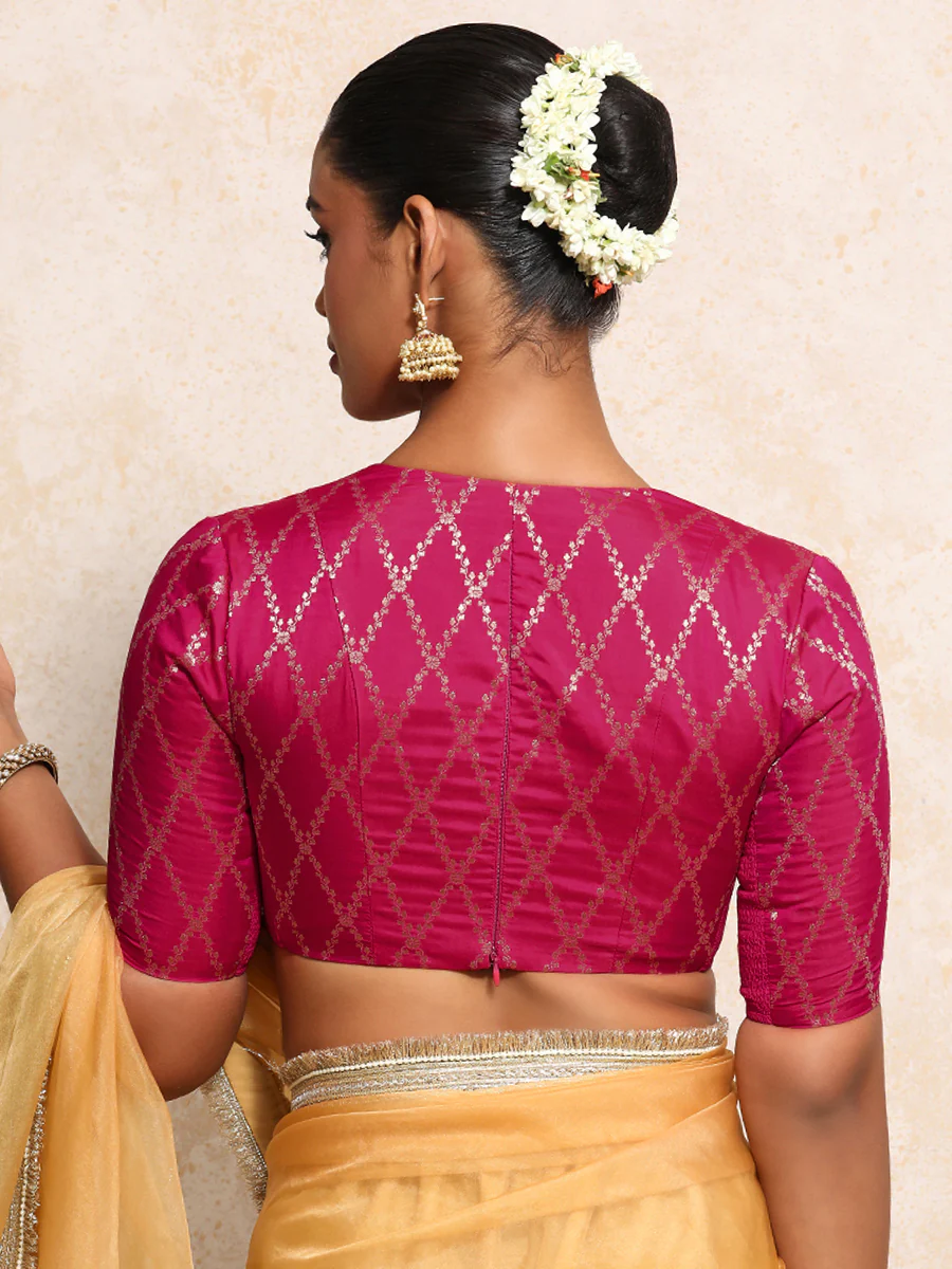 Rubani x Tyohaar | Elbow Sleeves Saree Blouse in Rosy Pink Vine Mesh Brocade - Image 2