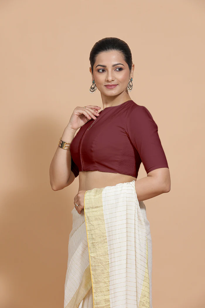 Ananya x Rozaana | Round Neck Royal Maroon Plain Cotton Saree Blouse - Image 5