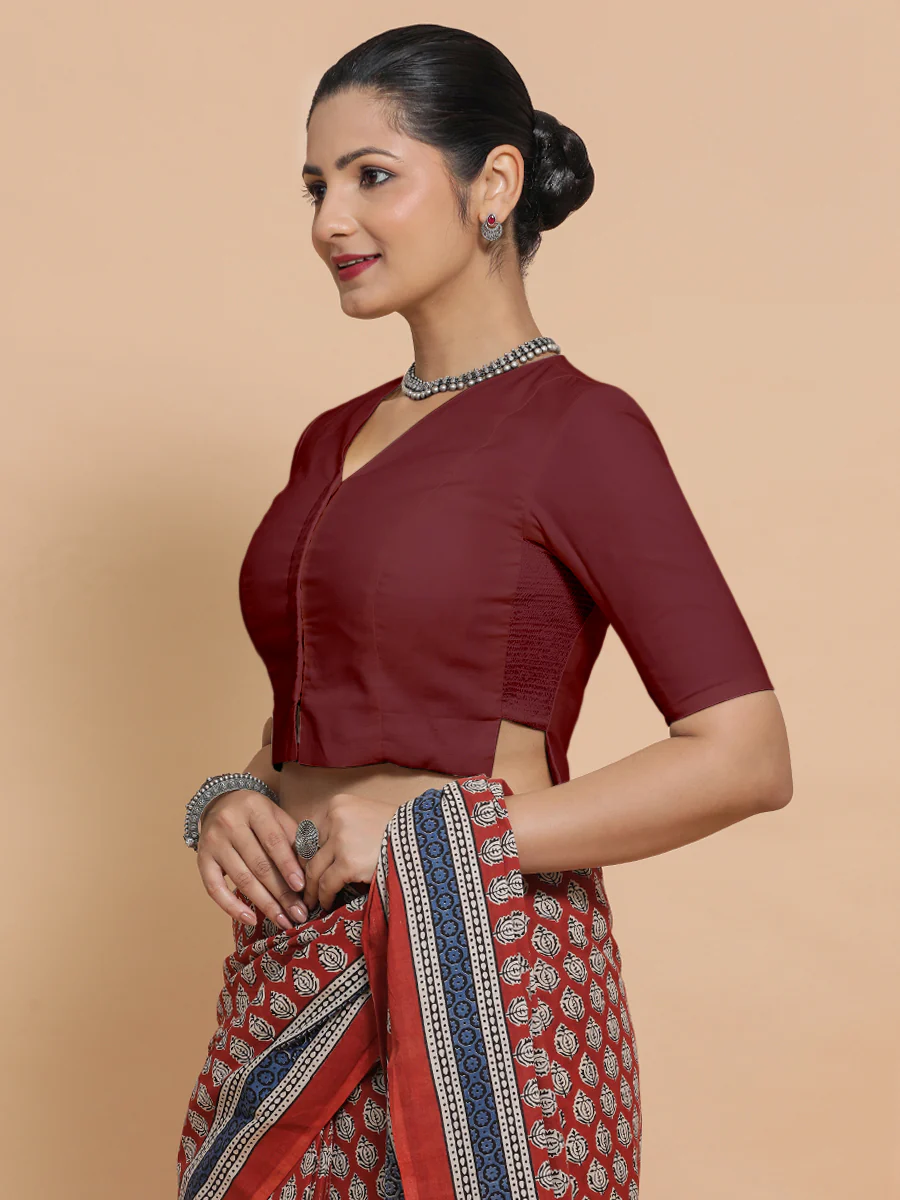 Chaya x Rozaana | V-Neck Royal Maroon Plain Cotton Saree Blouse - Image 8