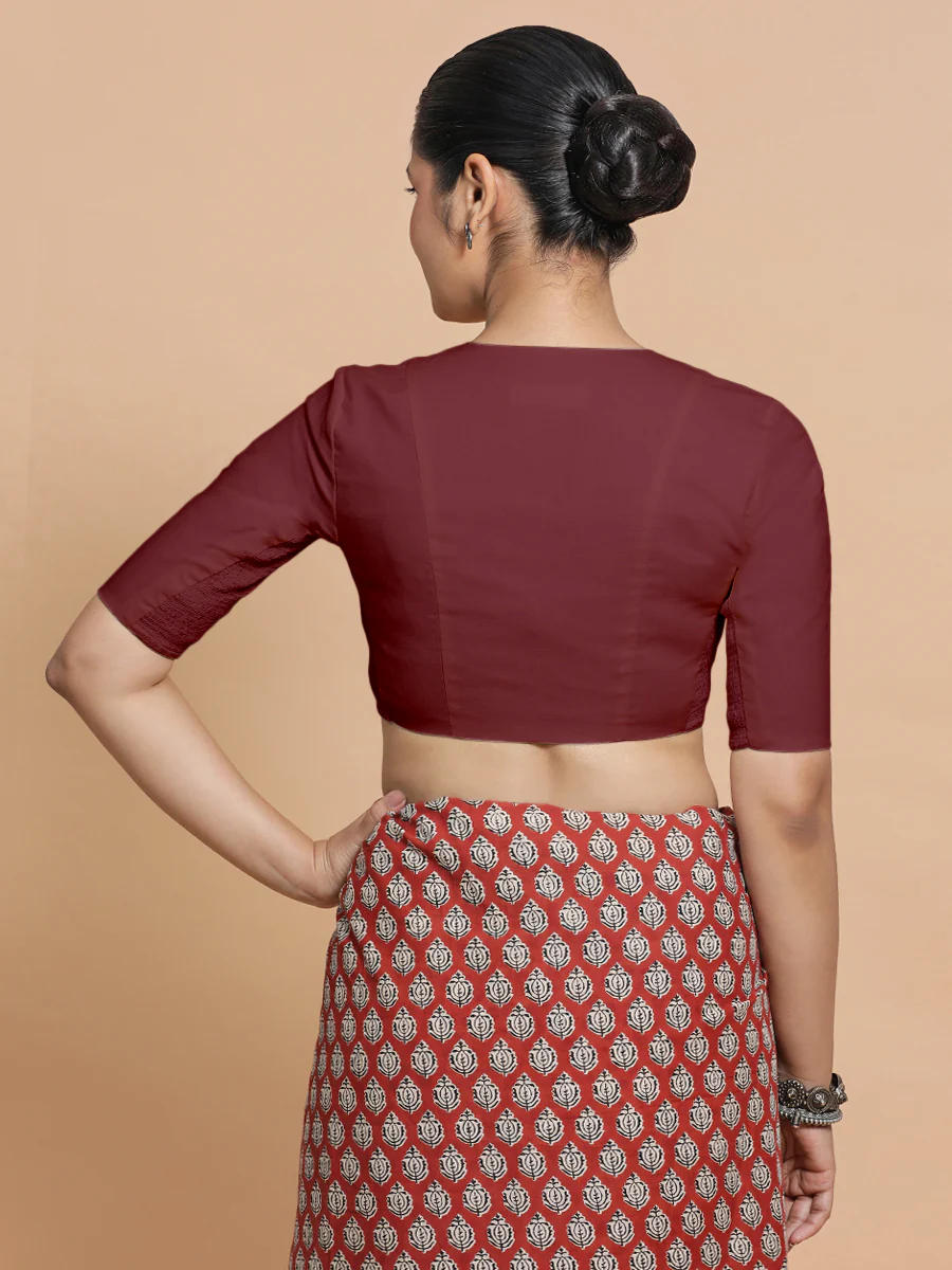 Garima x Rozaana | V-Neck Royal Maroon Plain Cotton Saree Blouse - Image 2