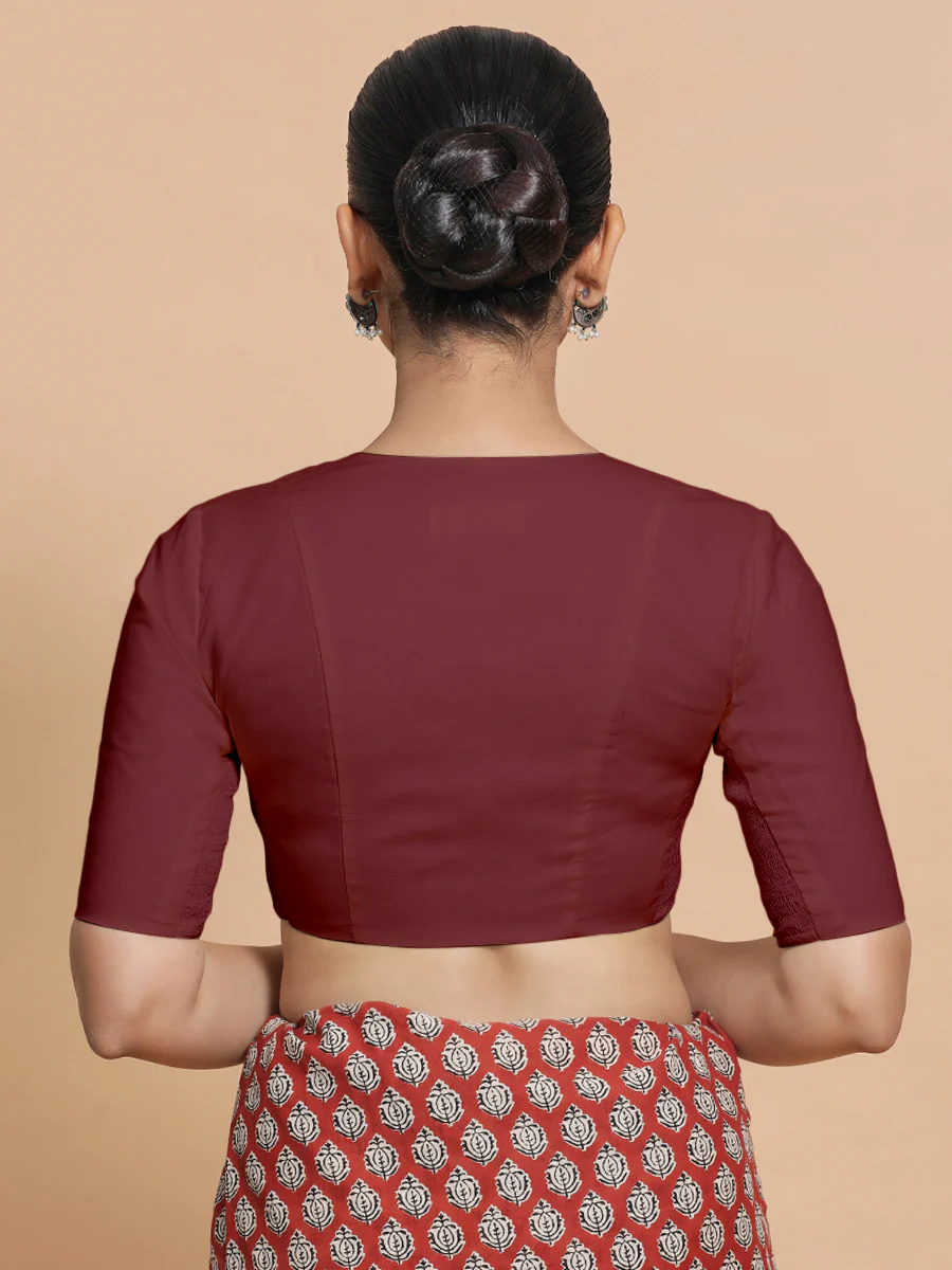 Koel x Rozaana | Round Neck Royal Maroon Plain Cotton Saree Blouse - Image 2
