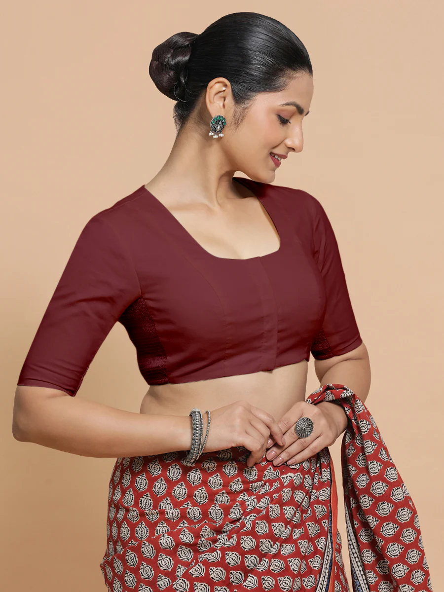 Koel x Rozaana | Round Neck Royal Maroon Plain Cotton Saree Blouse - Image 7