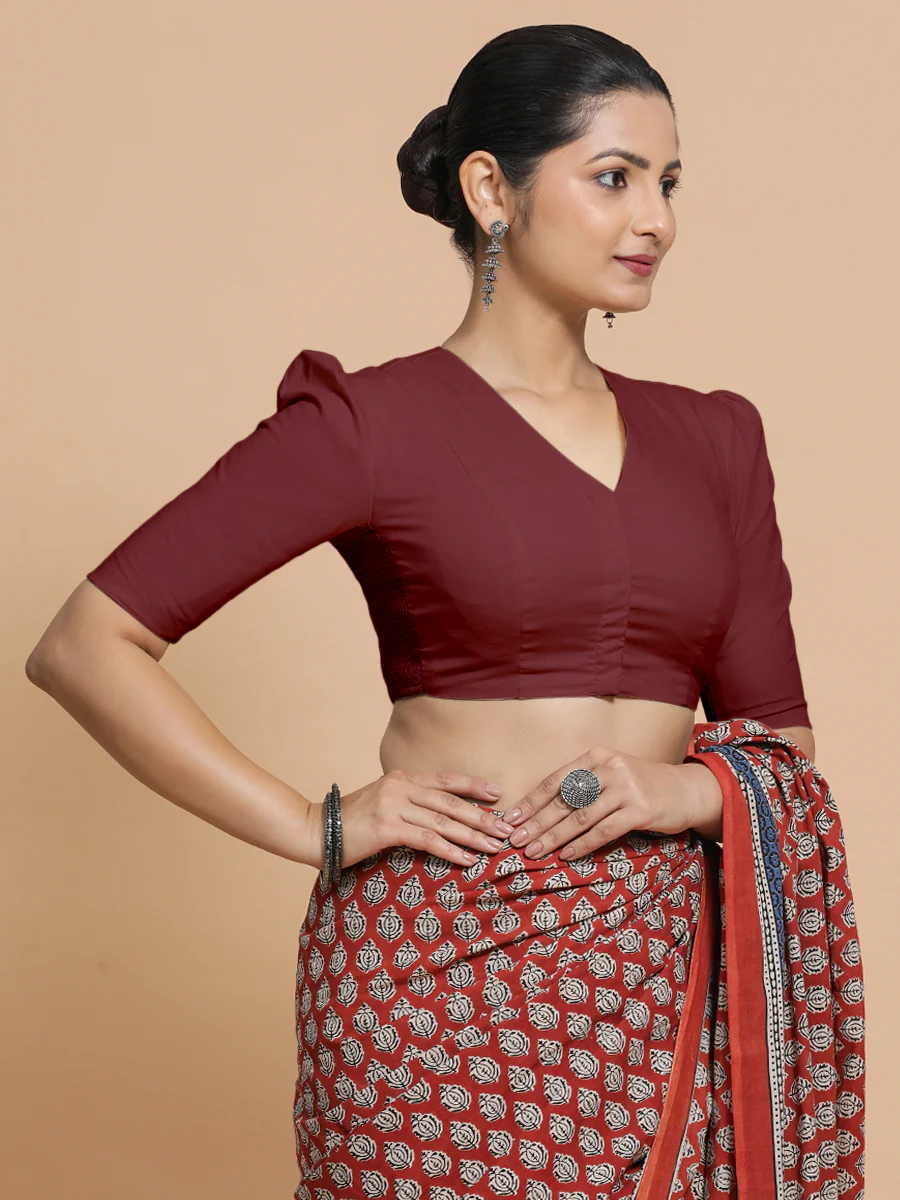 Kriti x Rozaana | V-Neck Royal Maroon Plain Cotton Saree Blouse