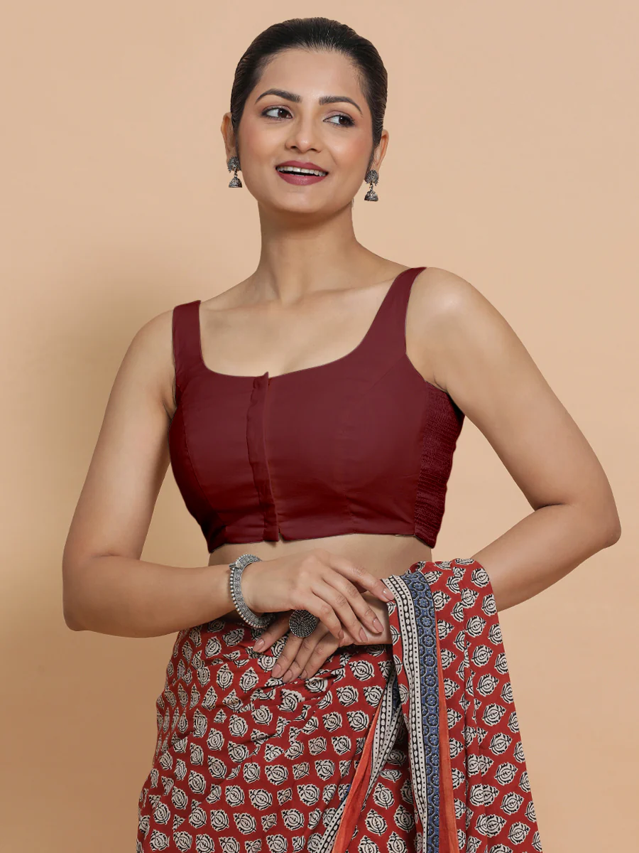 Mohini x Rozaana | Round Neck Royal Maroon Plain Cotton Saree Blouse - Image 6