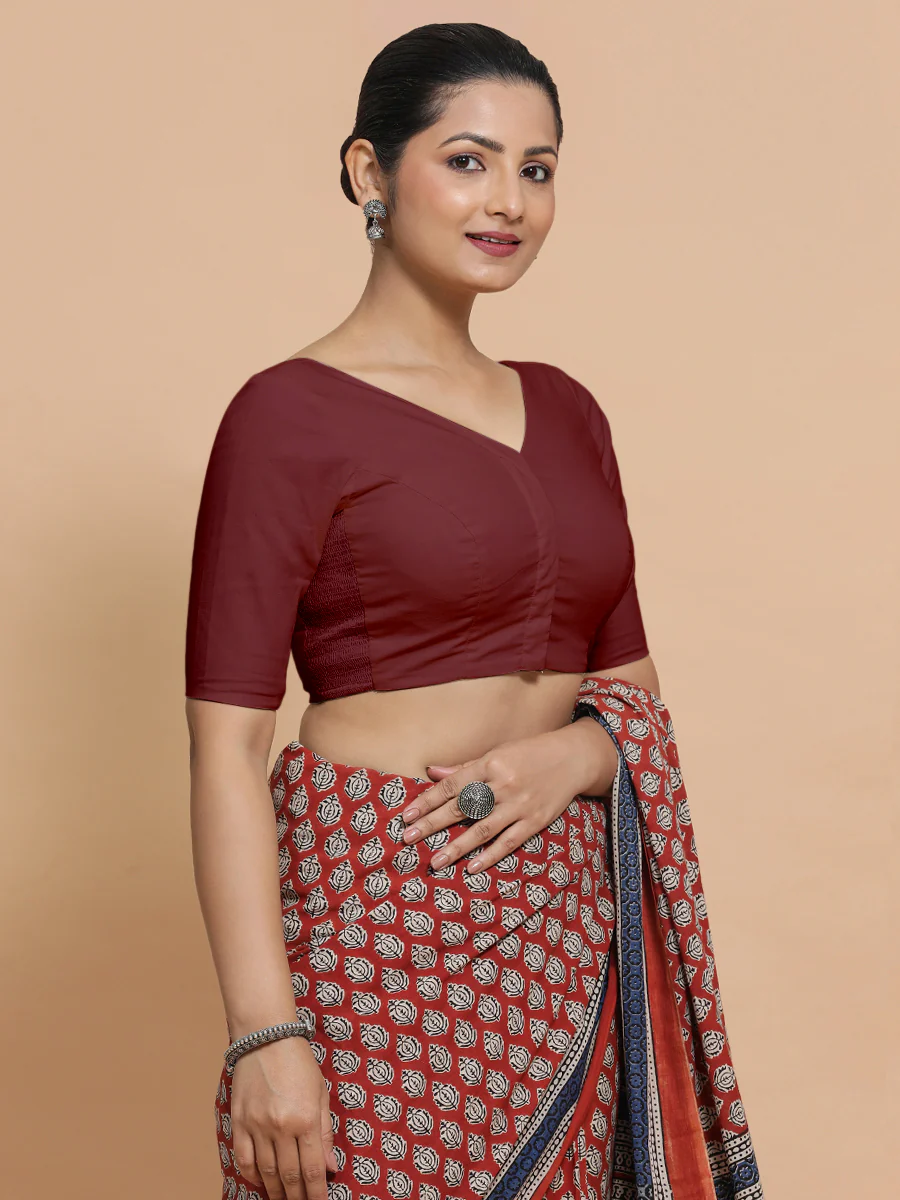 Pragya x Rozaana | V-Neck Royal Maroon Plain Cotton Saree Blouse - Image 8