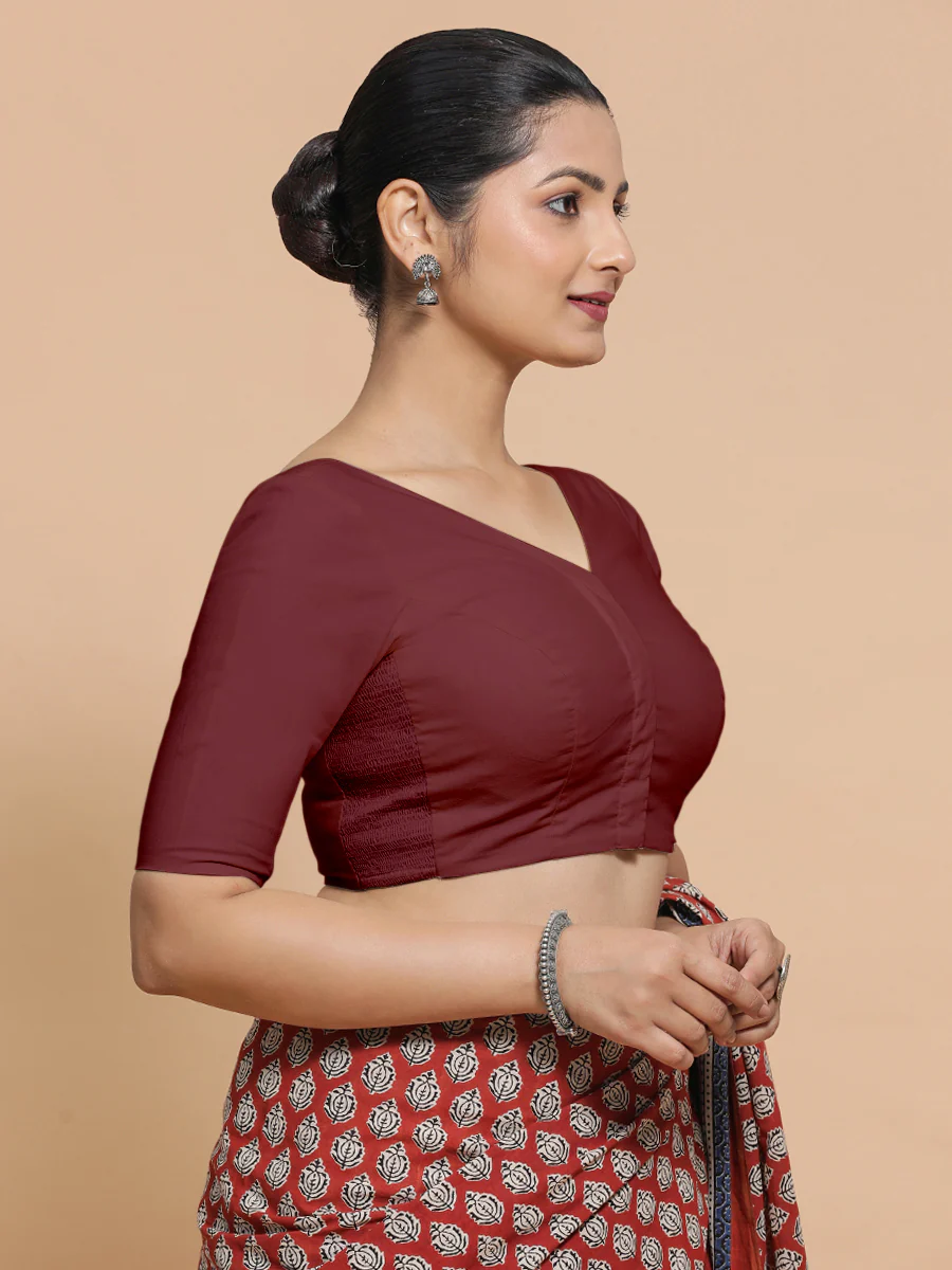 Pragya x Rozaana | V-Neck Royal Maroon Plain Cotton Saree Blouse - Image 9