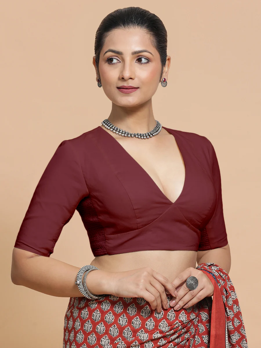 Riddhima x Rozaana | V-Neck Royal Maroon Plain Cotton Saree Blouse - Image 11
