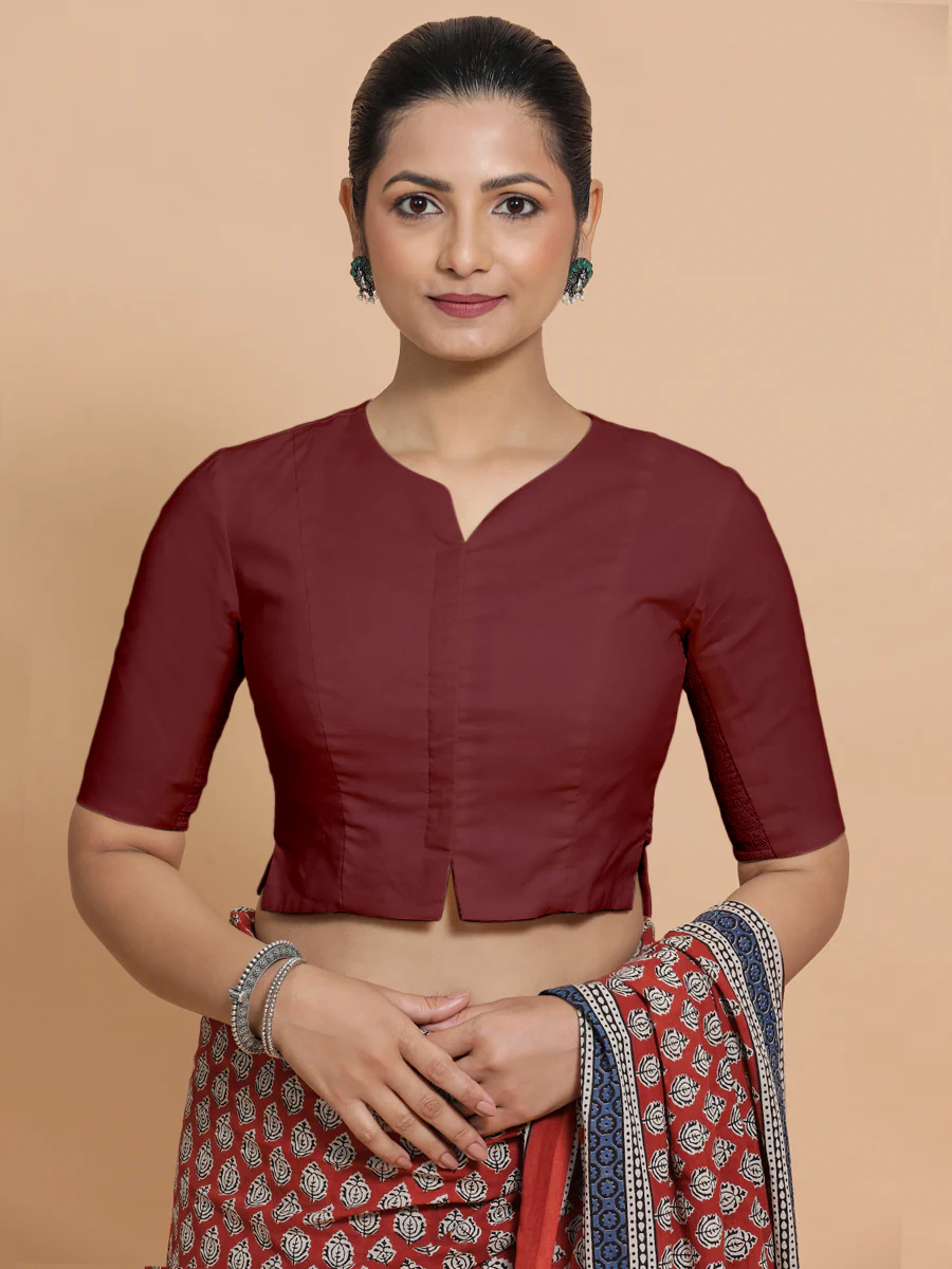 Tejasvi x Rozaana | Round Neck Royal Maroon Plain Cotton Saree Blouse - Image 2
