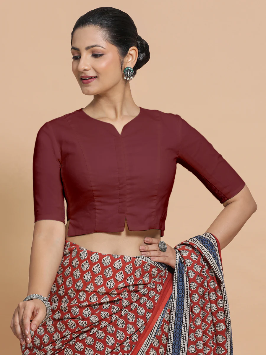 Tejasvi x Rozaana | Round Neck Royal Maroon Plain Cotton Saree Blouse - Image 9